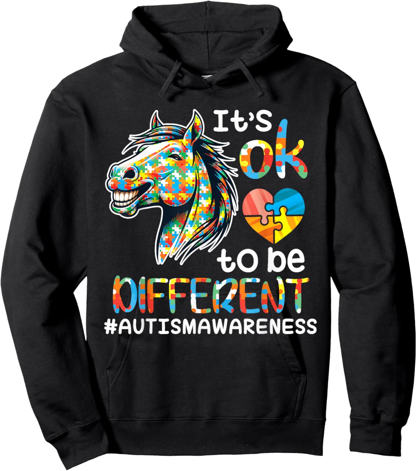 Horse Autistic It's OK To Be Different Autism Support Hope Hoodie - Hoodie | Black