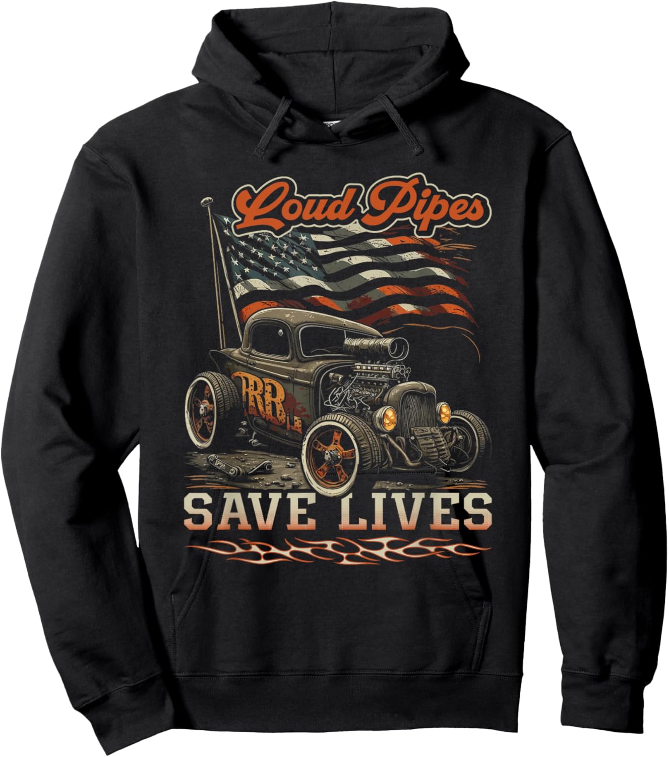 Hot Rod Rusty Car, Loud Pipes Save Lives, Patriotic Rat Rod Men Hoodie - Hoodie | Black