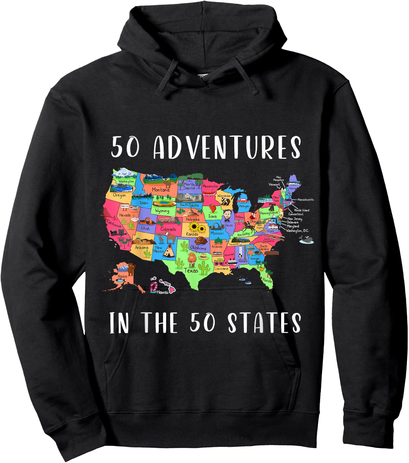 ALL50CLUB Women's USA Travel Map , Black, Small, Short Sleeve, Classic Fit, Crew Collar, , 50 States Map Design Hoodie - Hoodie | Black