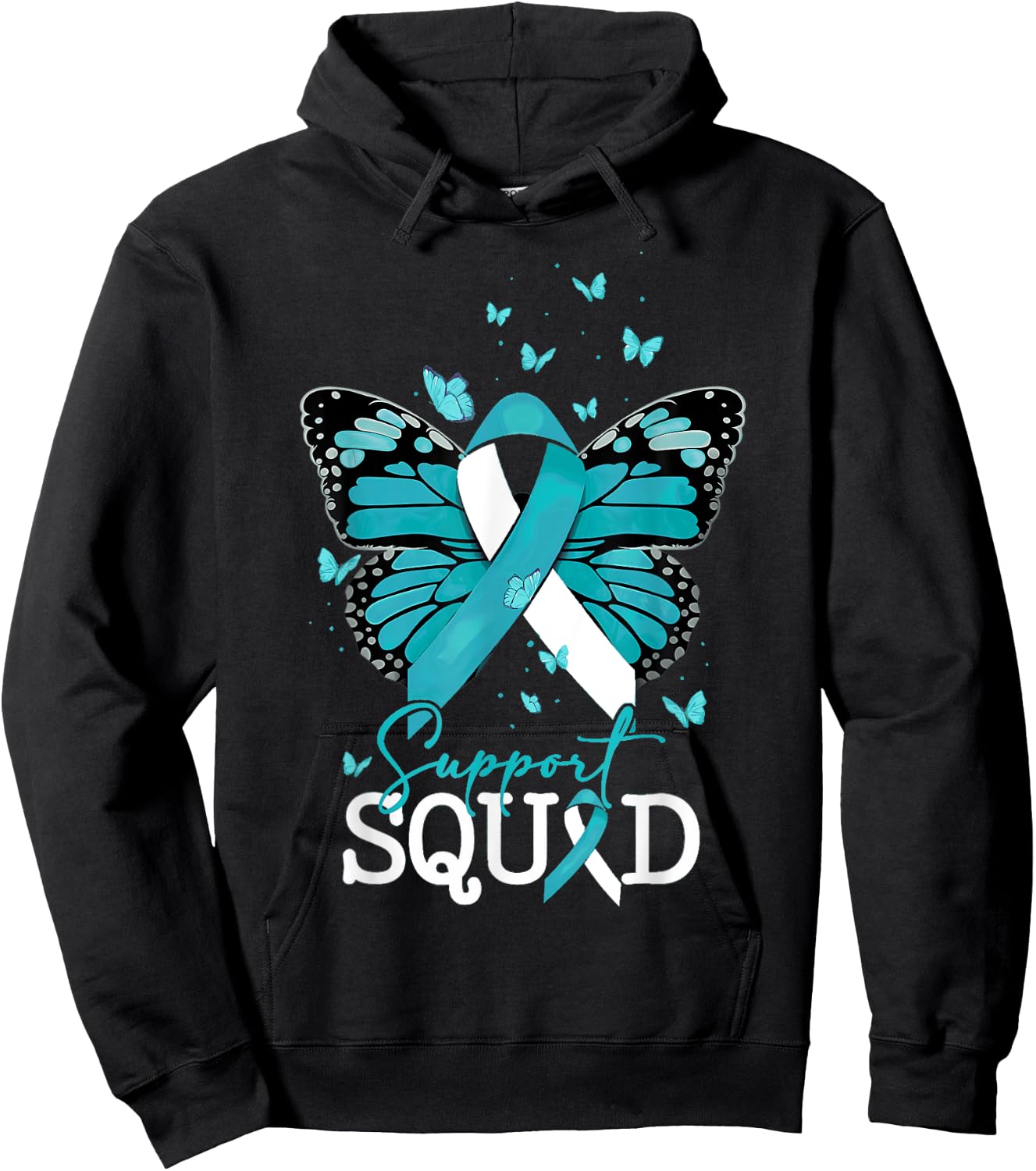 Teal Butterfly Support Squad Cervical Cancer Awareness Hoodie - Hoodie | Black