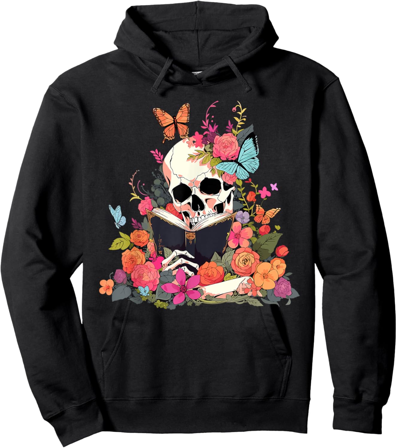 Book Reading Skull Skeleton Flowers Floral Bookish Butterfly Hoodie - Hoodie | Black