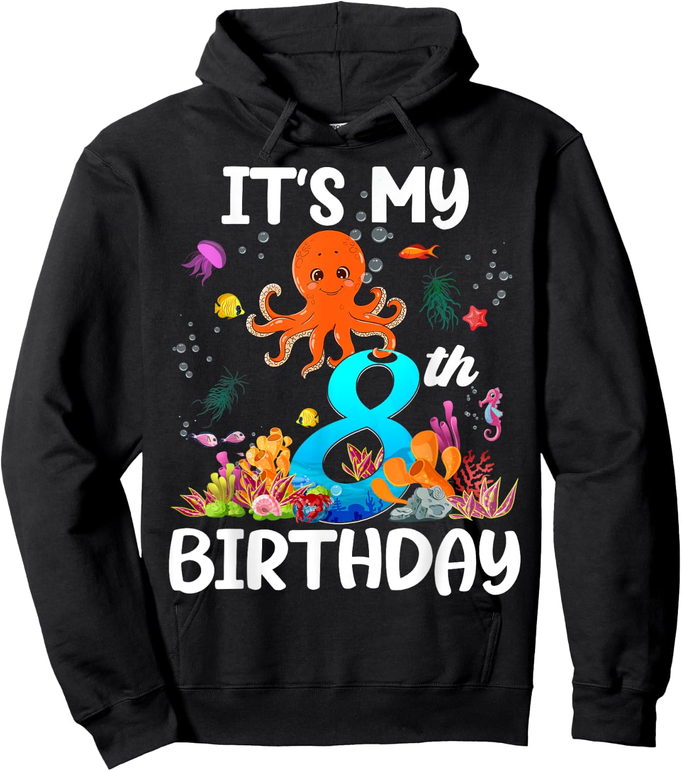 8 Year Old Ocean Life Whale Dolphin Octopus 8th Birthday Hoodie - Hoodie | Black