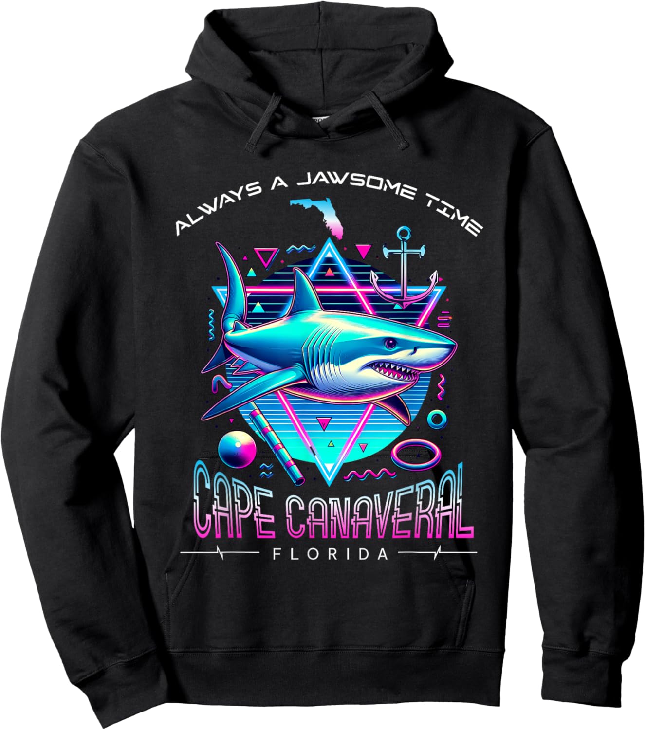 Cape Canaveral FL Shark Retro 80s Funny Souvenir Hoodie - Hoodie | Black