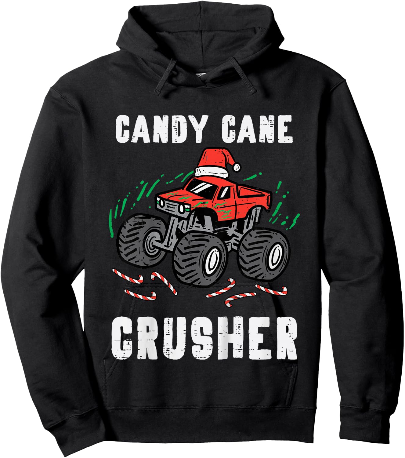 Kids Christmas Monster Truck Candy Cane Crusher Xmas Boys Kids Hoodie - Hoodie | Black