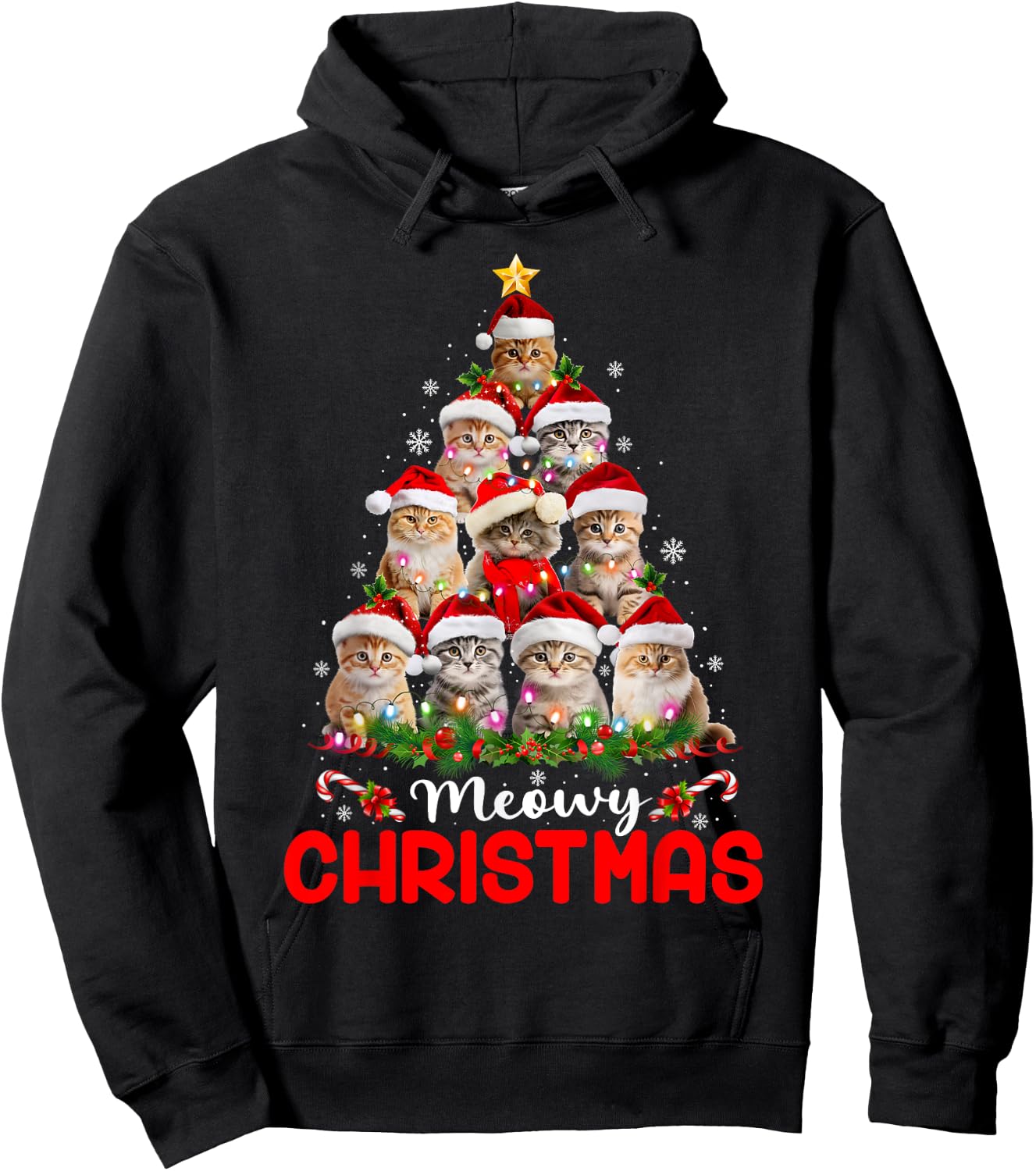 Merry Catmas Cat Christmas Tree Lights Funny Xmas Pajamas Women Kids Hoodie - Hoodie | Black