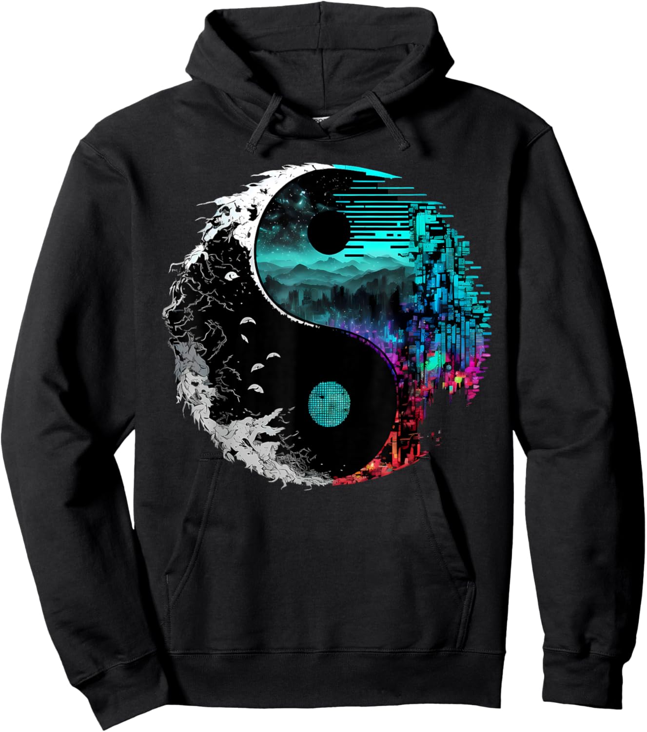 Harmonious Glitch Yin Yang - Black, -Adults, Small Hoodie - Hoodie | Black