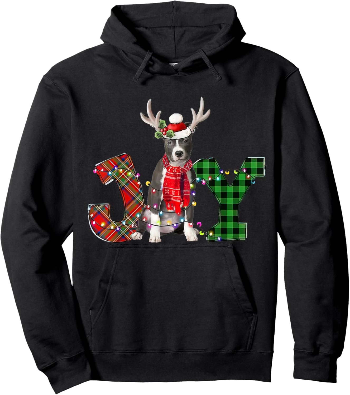Joy Christmas Lights Blue Nose Pitbull Dog Santa Hat Pajama Men Women Kids Hoodie - Hoodie | Black
