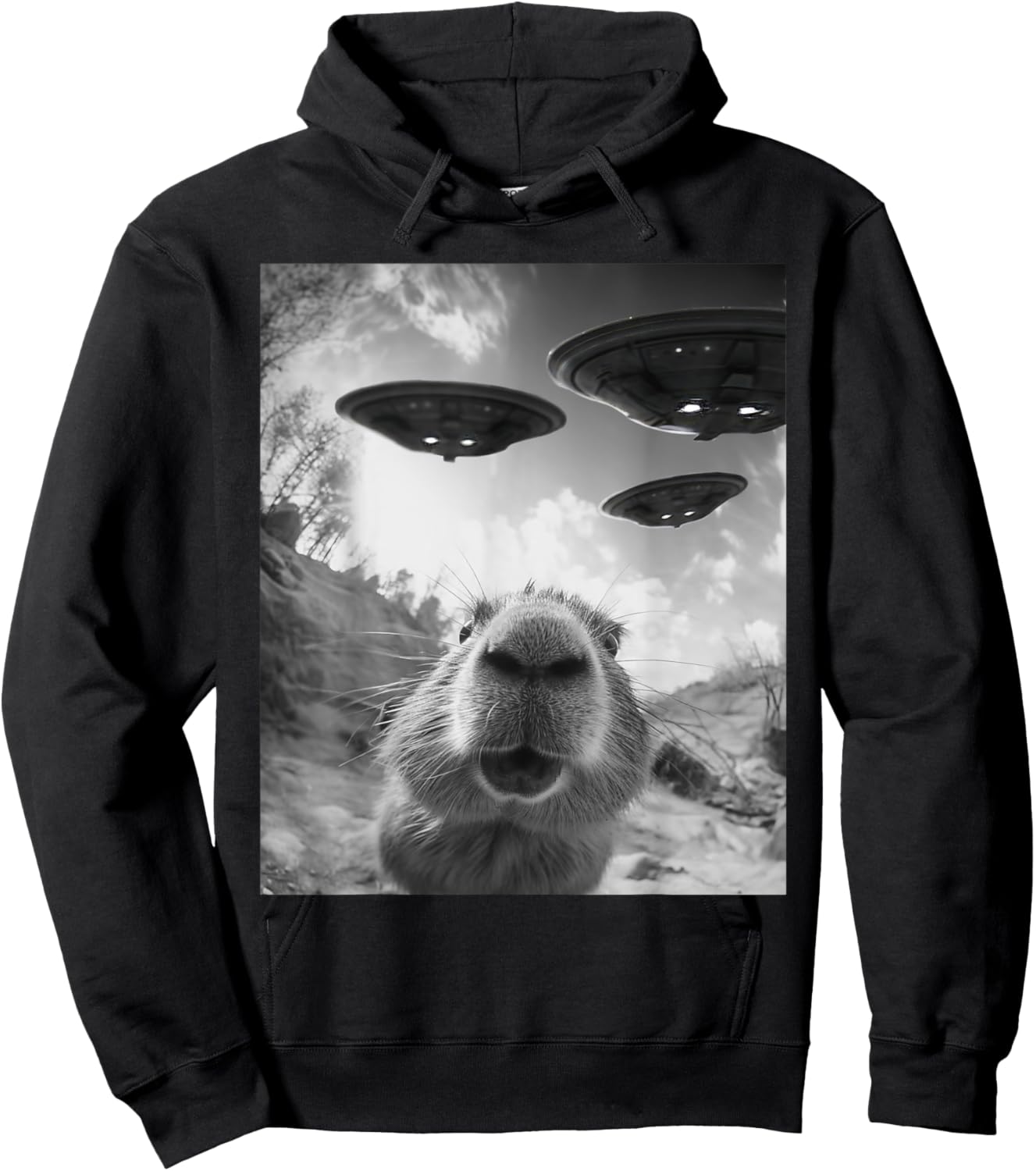 Funny Capybara Selfie with UFOs Weird Alien UFO Hoodie - Hoodie | Black