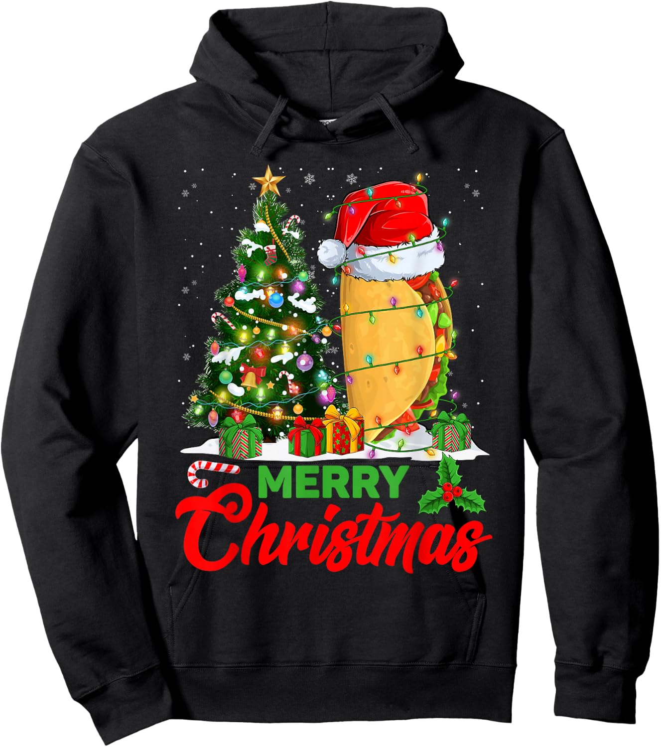 Funny Taco Christmas Tree Lights Mexican Food Lover Xmas Hoodie - Hoodie | Black