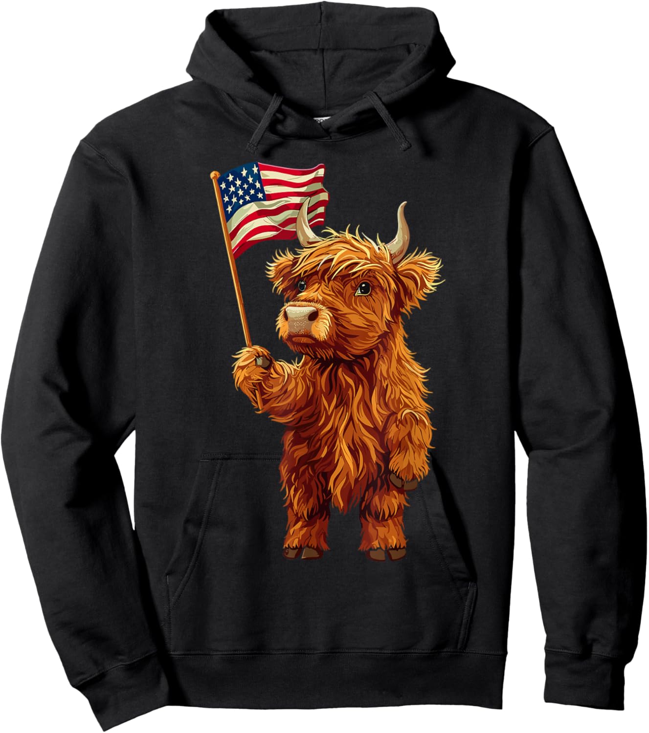 Highland Cow Patriotic Farmer 4th Of July USA American Flag Men Hoodie - Hoodie | Black