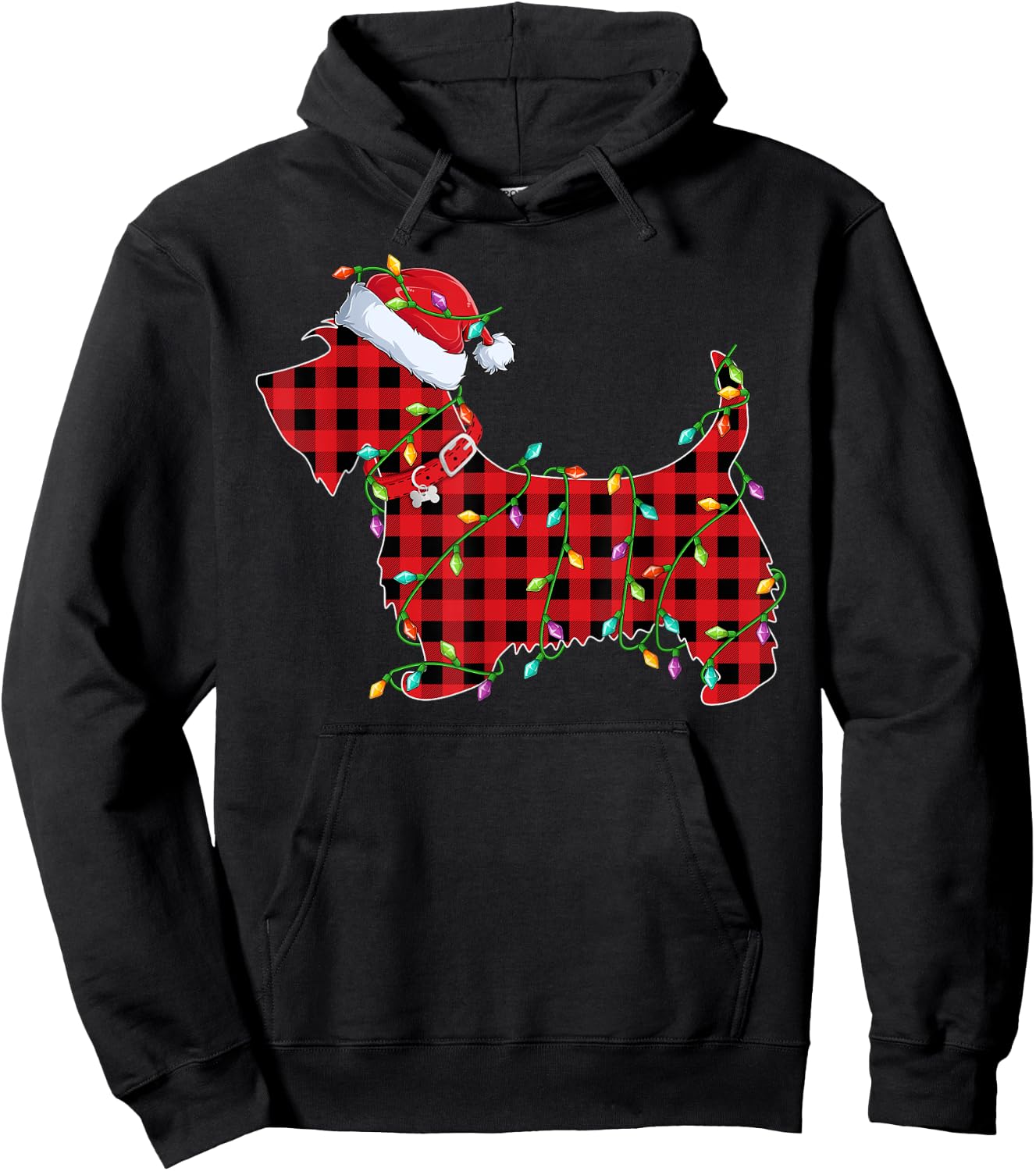 Xmas Lighting Matching Buffalo Plaid Scottie Dog Christmas Hoodie - Hoodie | Black