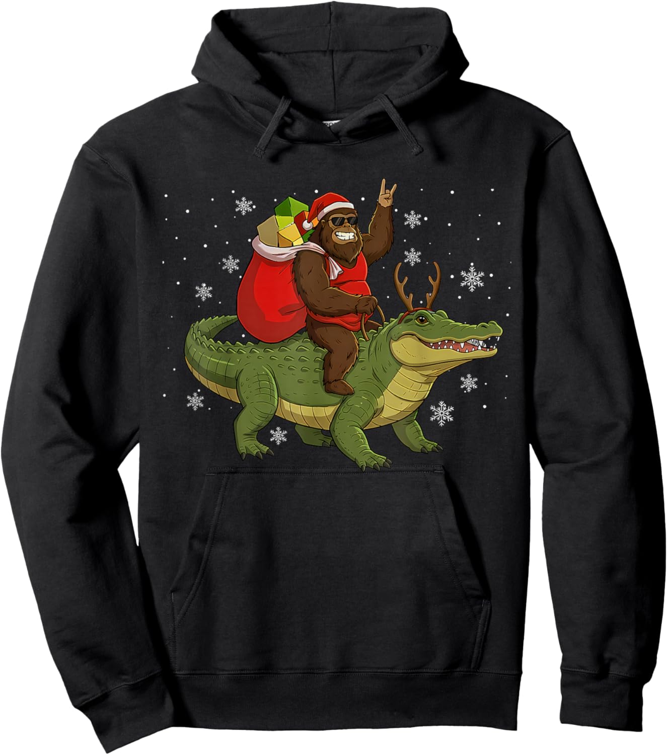 Bigfoot Riding Alligator Deer Xmas Alligator Christmas Hoodie - Hoodie | Black