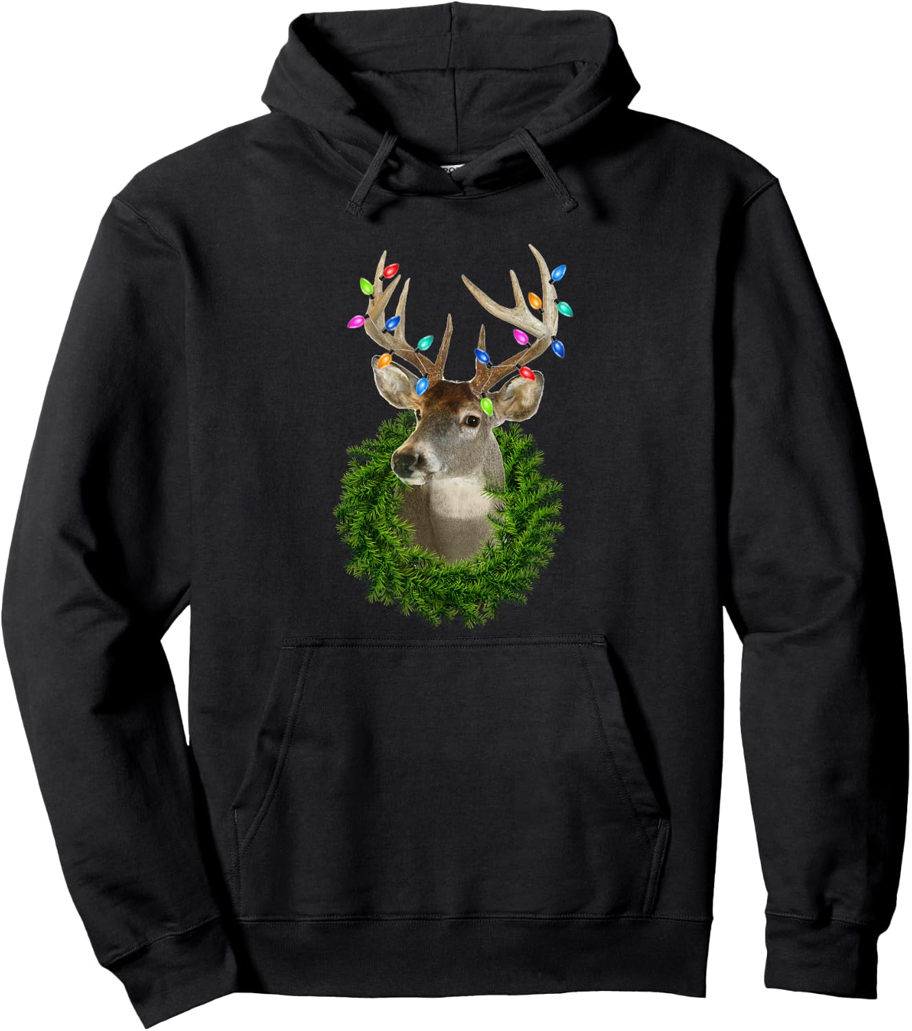 Deer Hunting Whitetail Christmas Lights Trophy Buck Wreath Hoodie - Hoodie | Black