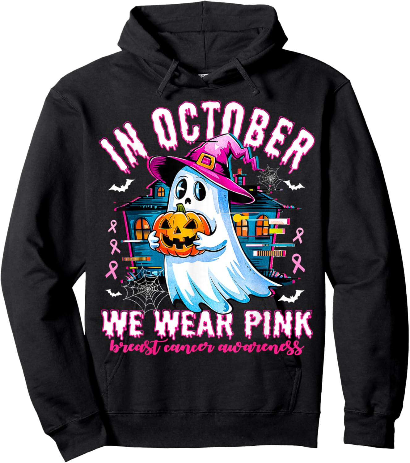 In October we Wear Pink With Ghost Breast Cancer Awareness Hoodie - Hoodie | Black