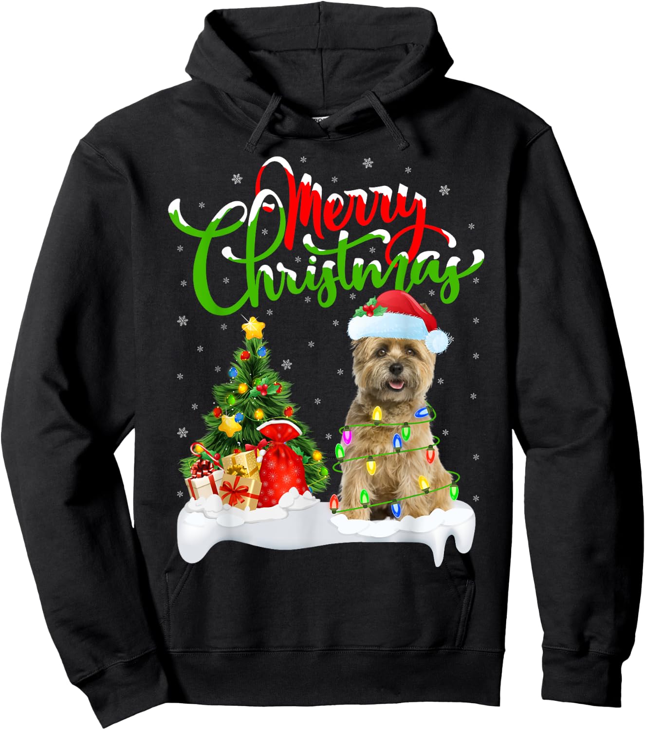Xmas Tree Lights Santa Hat Cairn Terrier Dog Christmas Women Kids Hoodie - Hoodie | Black
