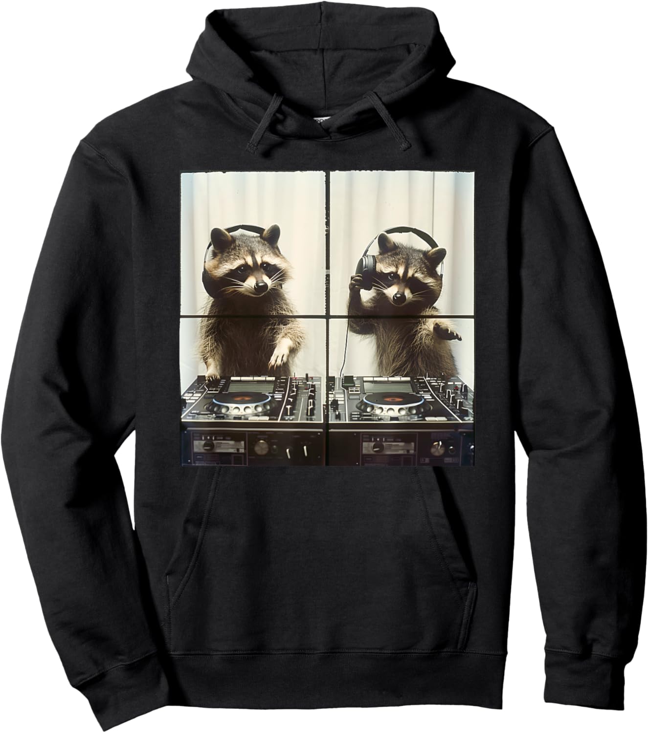 DJ Raccoon Vinyl Turntables 90s EDM Music Raccoon DJ Hoodie - Hoodie | Black