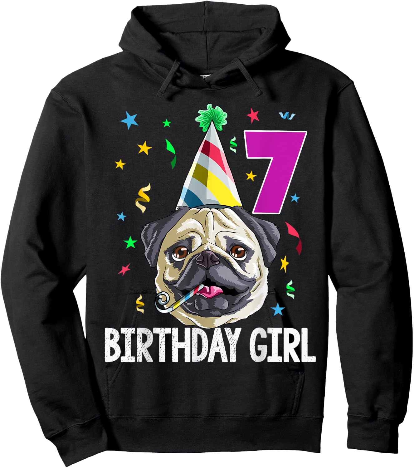 Pug Birthday Girl 7th 7 T Shirt Kids Girls Gift Party Hoodie - Hoodie | Black