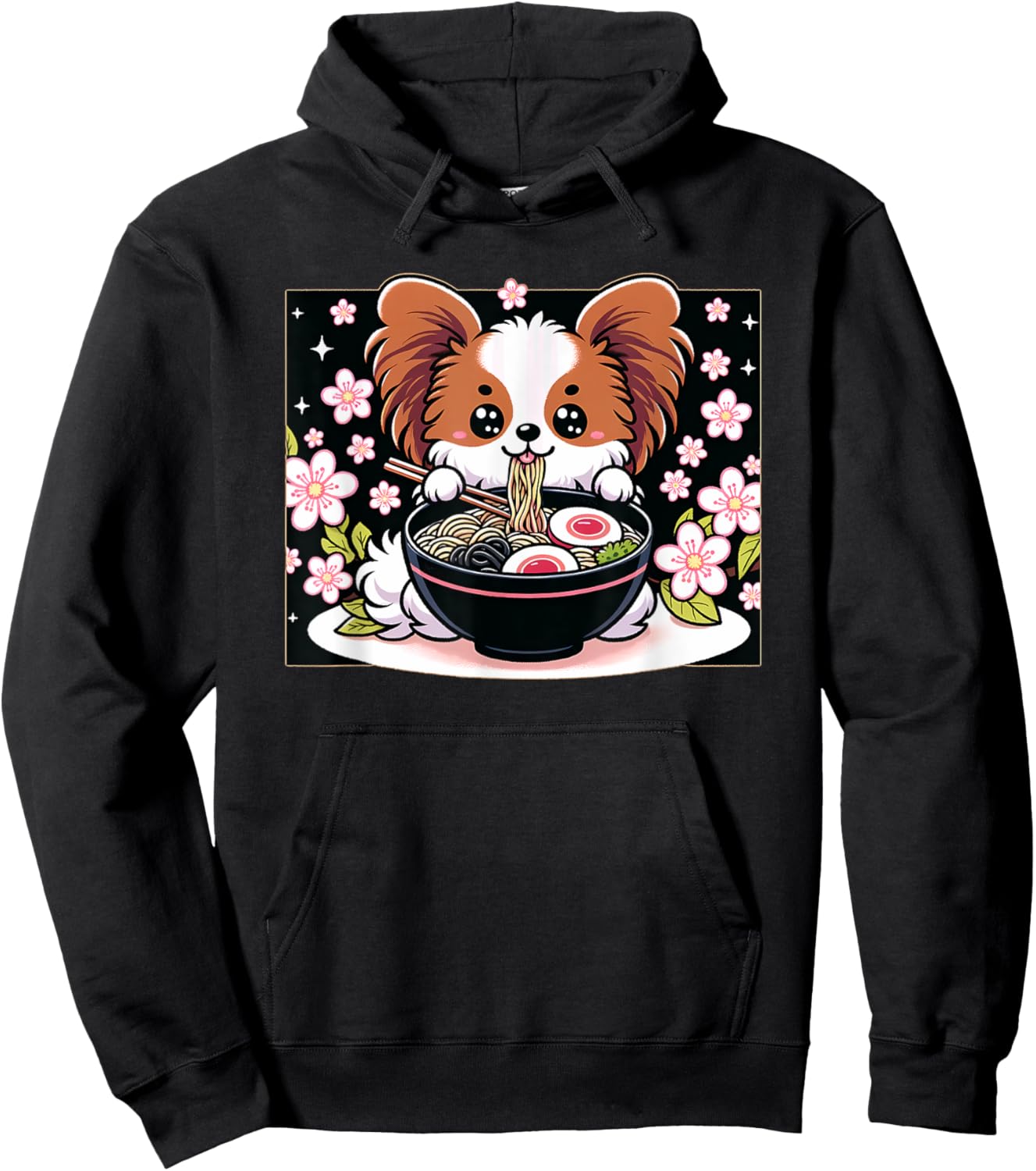 Kawaii Papillon dog Eating Ramen Hoodie - Hoodie | Black