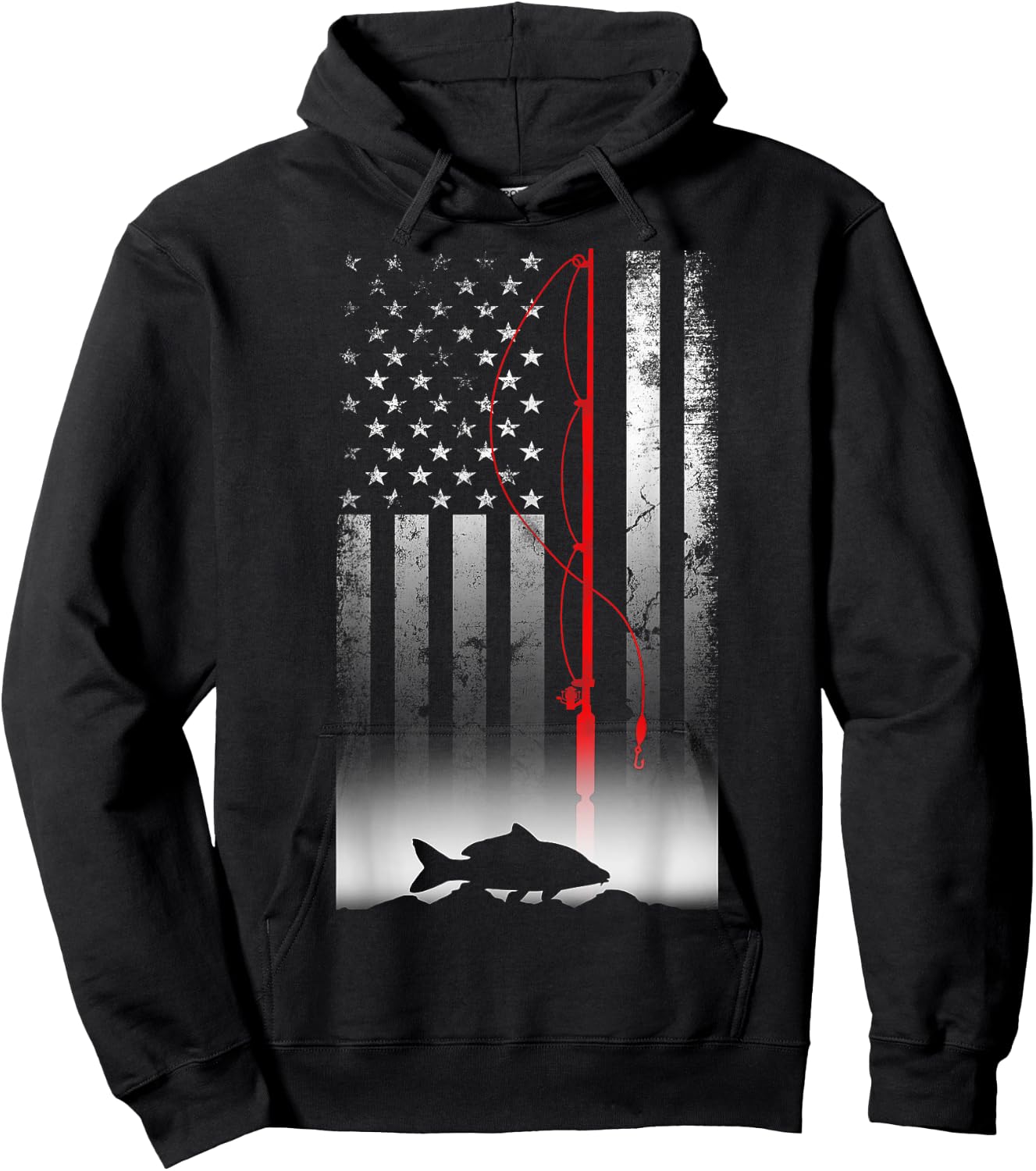 Fishing Pole American Flag Gift Patriotic Fisherman Hoodie - Hoodie | Black