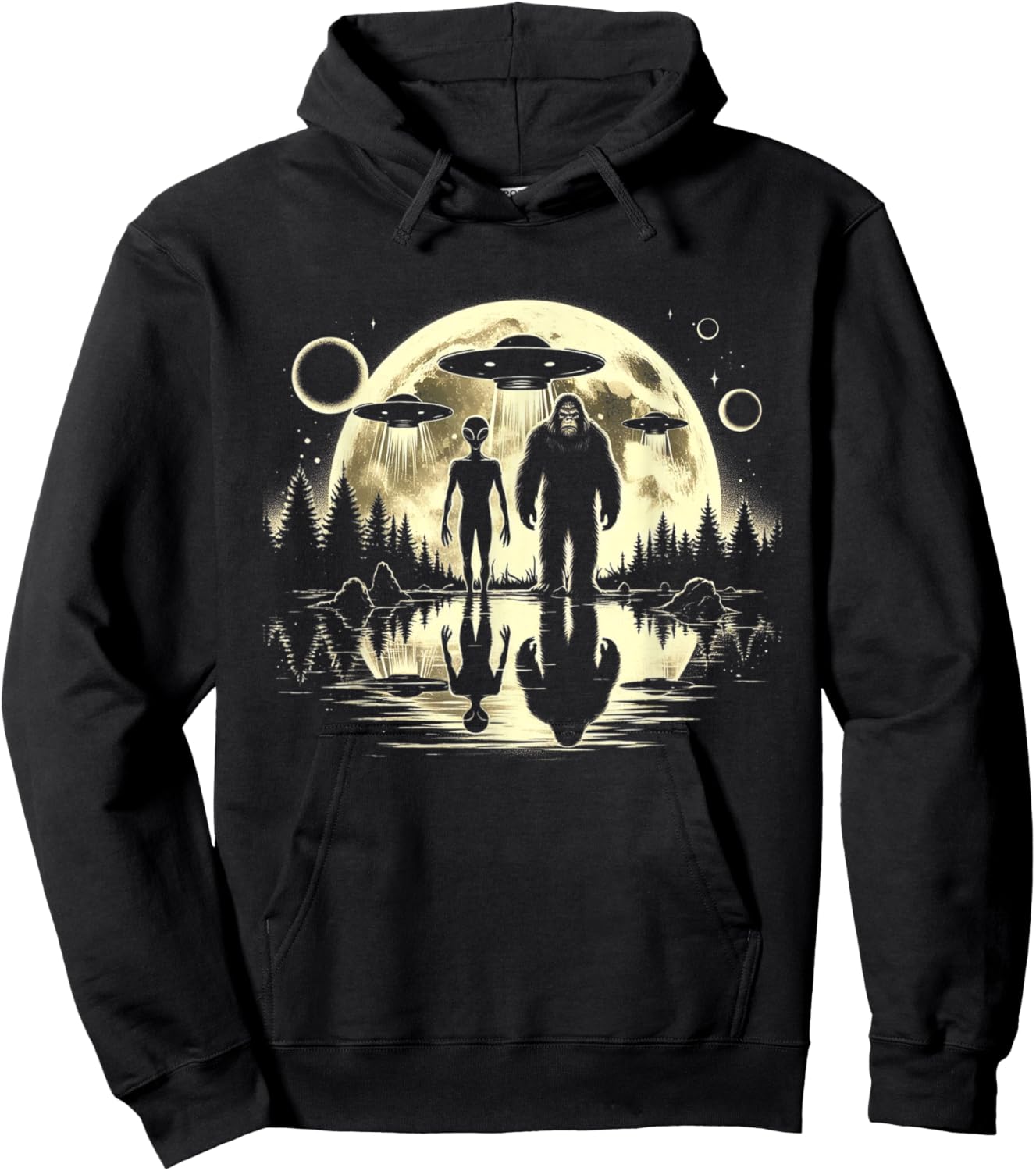 Bigfoot and Alien Moon UFO Extraterrestrial Sasquatch Gifts Hoodie - Hoodie | Black