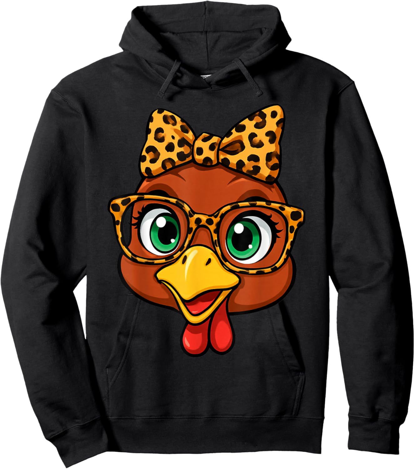 Thanksgiving Turkey Face Leopard with Glasses Bow Women Girl Hoodie - Hoodie | Black