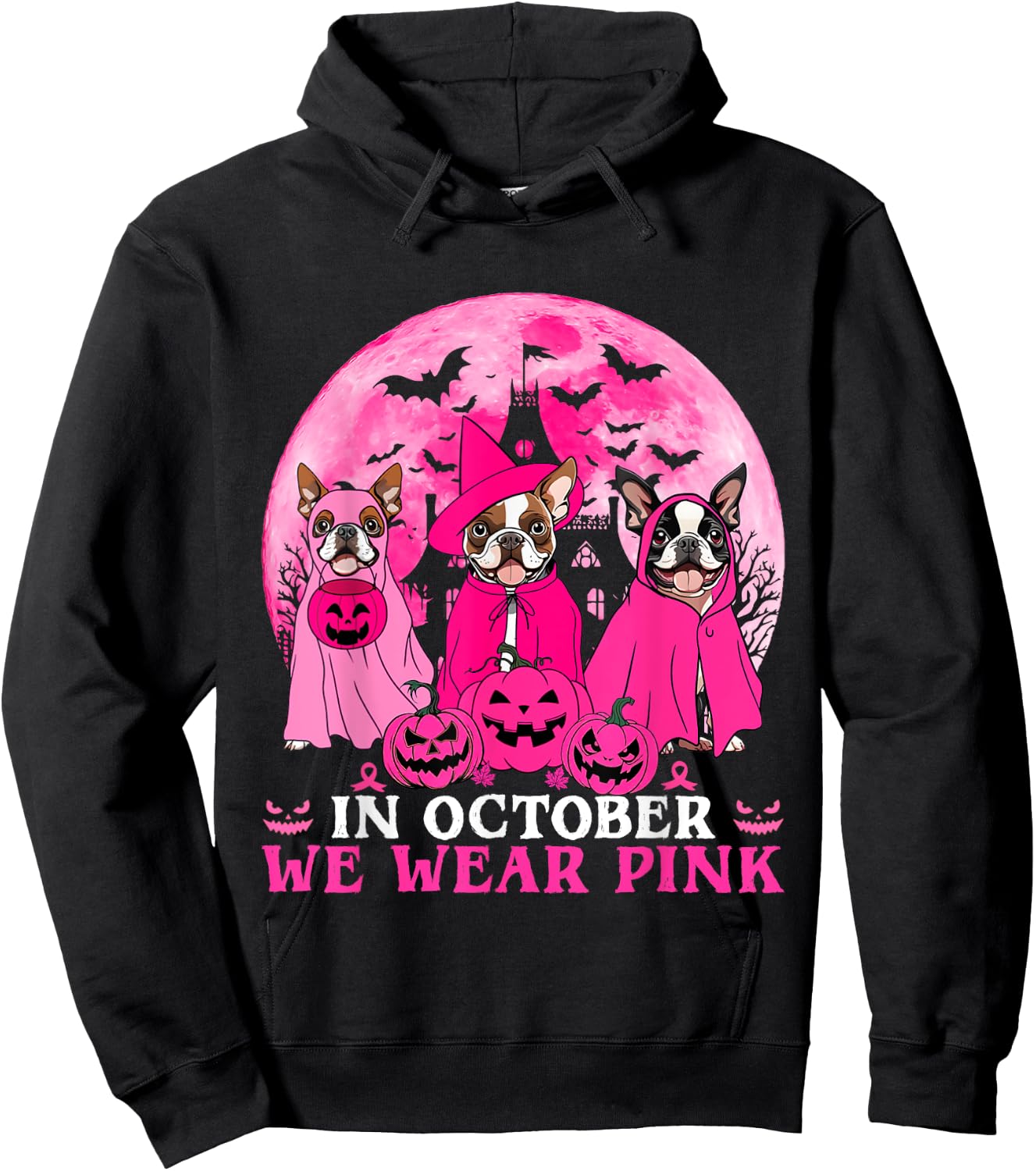 Ghost And Witch Boston Terrier Dog In October We Wear Pink Hoodie - Hoodie | Black