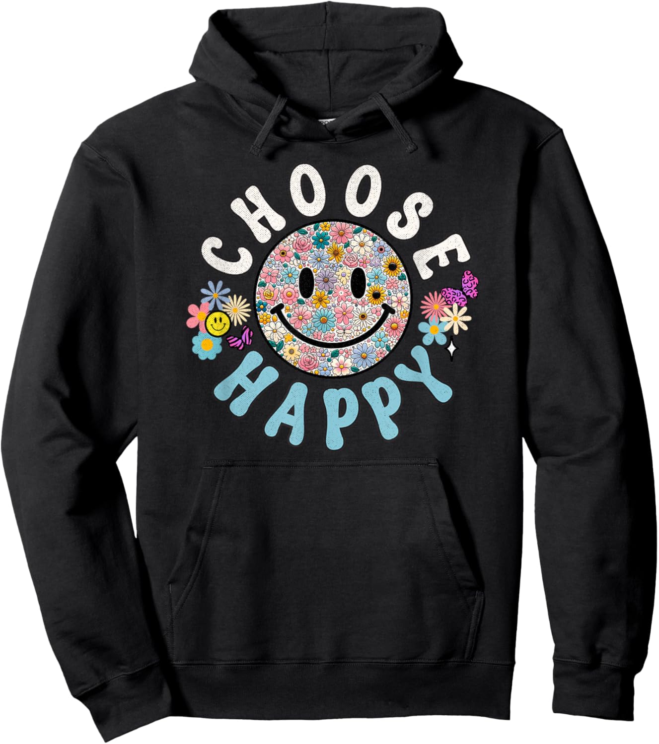 Choose Happy Cute Positivity Groovy Flowers Smile Hoodie - Hoodie | Black