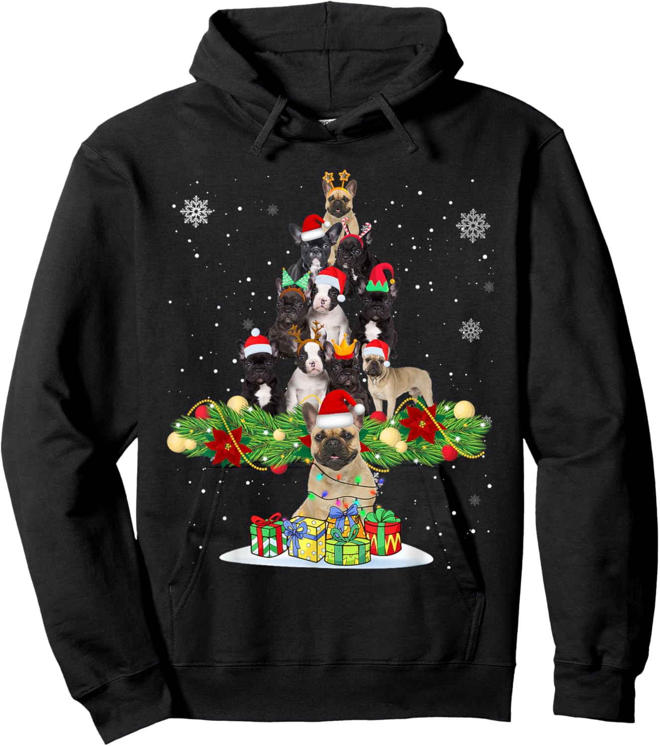 Ugly Sweater Christmas Tree French Bulldog Dog Xmas Lights Men Women Kids Hoodie - Hoodie | Black