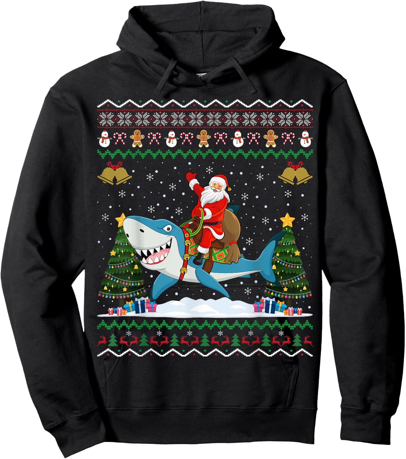 Shark Ugly Xmas Gift Santa Riding Shark Christmas Hoodie - Hoodie | Black
