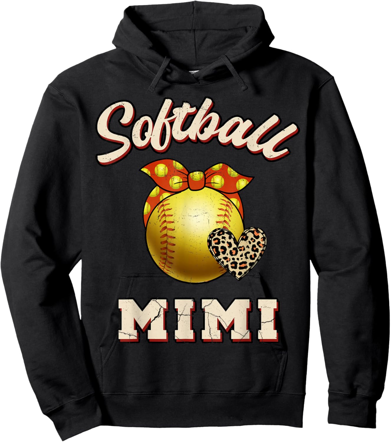 Softball Mimi Leopard Heart Fans Mother's Day Gift Hoodie - Hoodie | Black