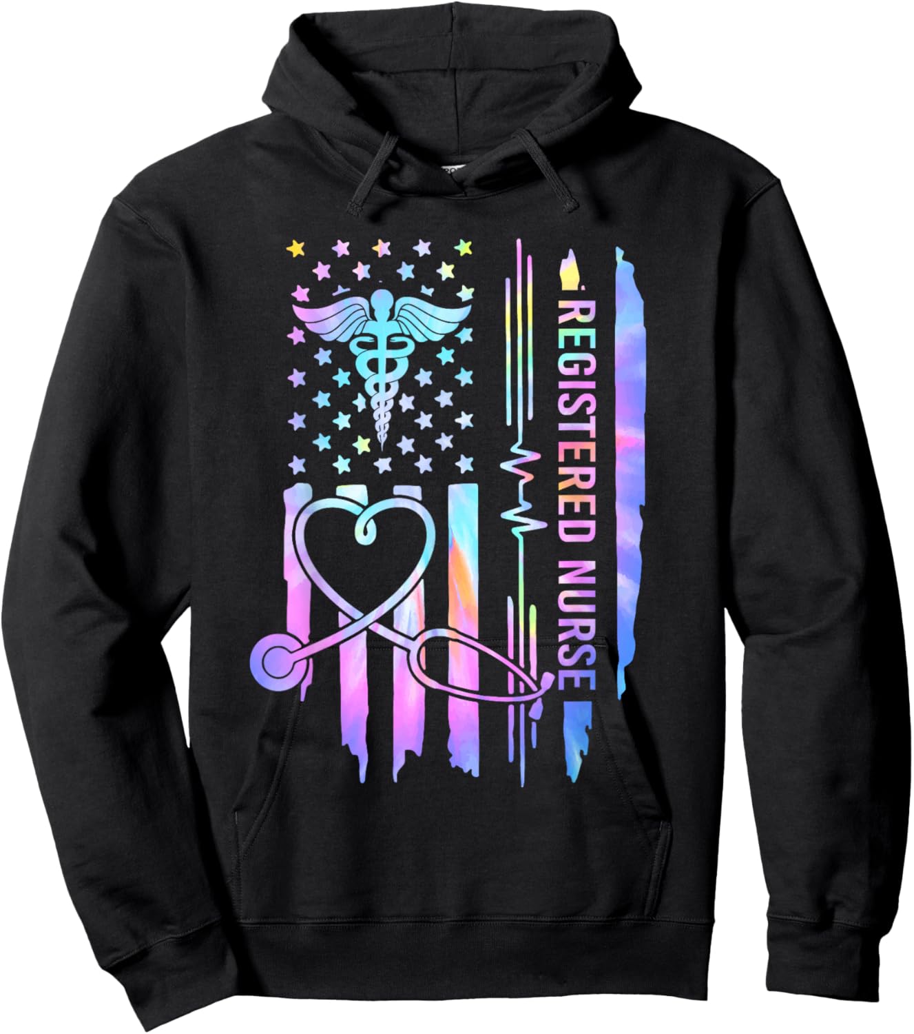 Tie Dye Registered Nurse RN EKG Stethoscope Nursing USA Flag Hoodie - Hoodie | Black