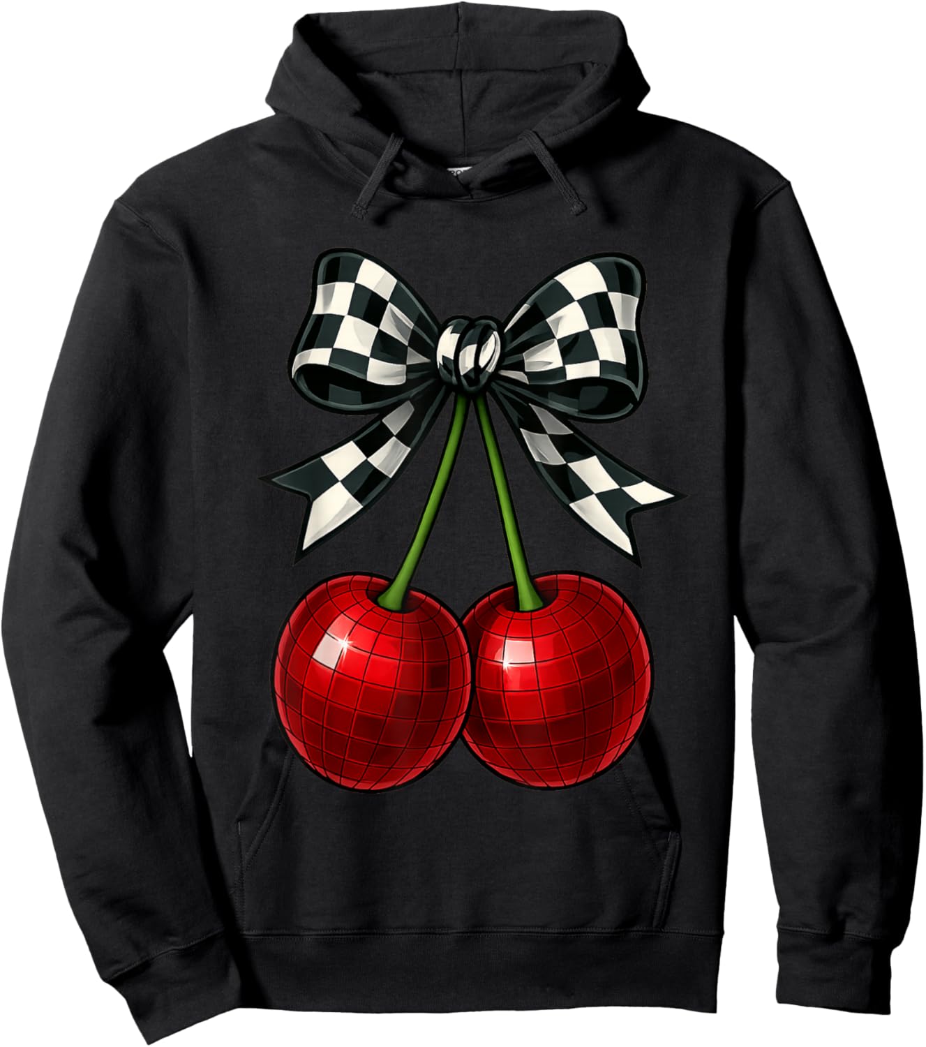 Coquette Cherry Checkered Ribbon Bow Women Girls Hoodie - Hoodie | Black