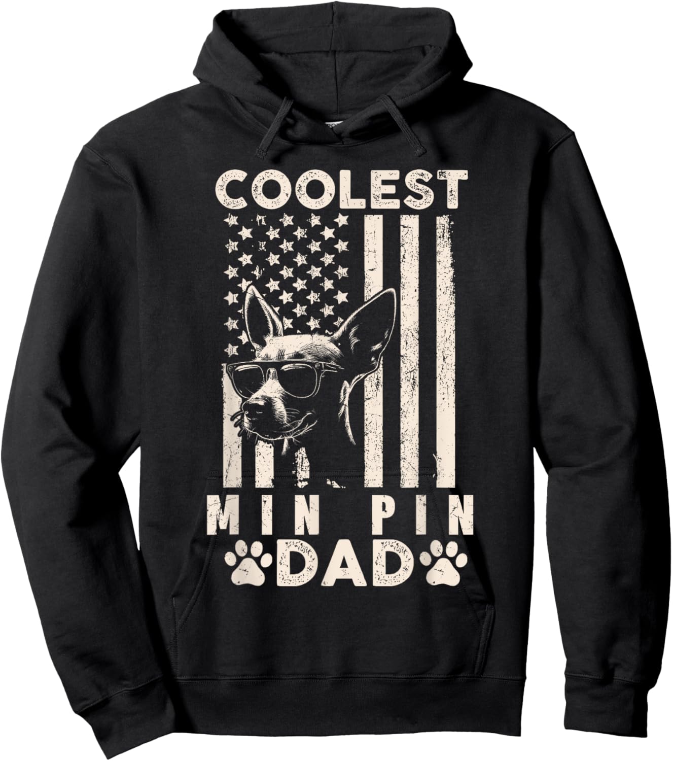 Coolest Min Pin Dad Vintage American Flag Funny Fathers Day Kids Men Hoodie - Hoodie | Black