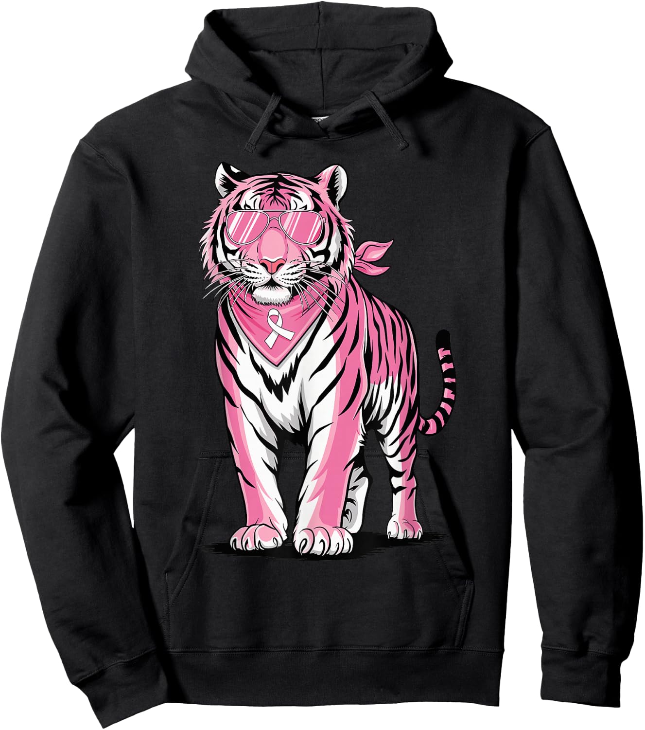 Pink Tiger with Sunglasses Bandana Breast Cancer Awareness Hoodie - Hoodie | Black