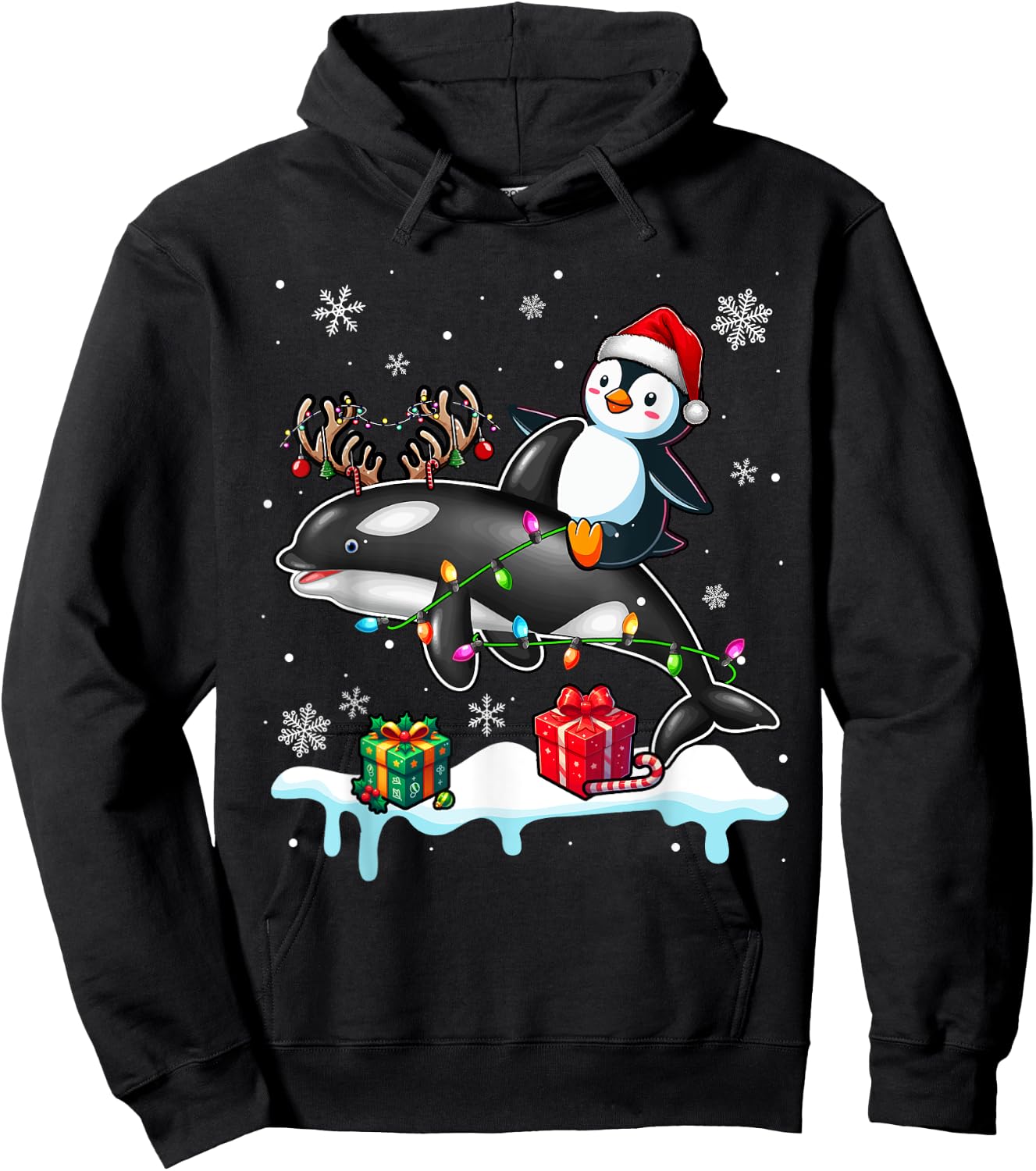 Christmas Santa Penguin Riding Reindeer Orca Lover Kids Hoodie - Hoodie | Black