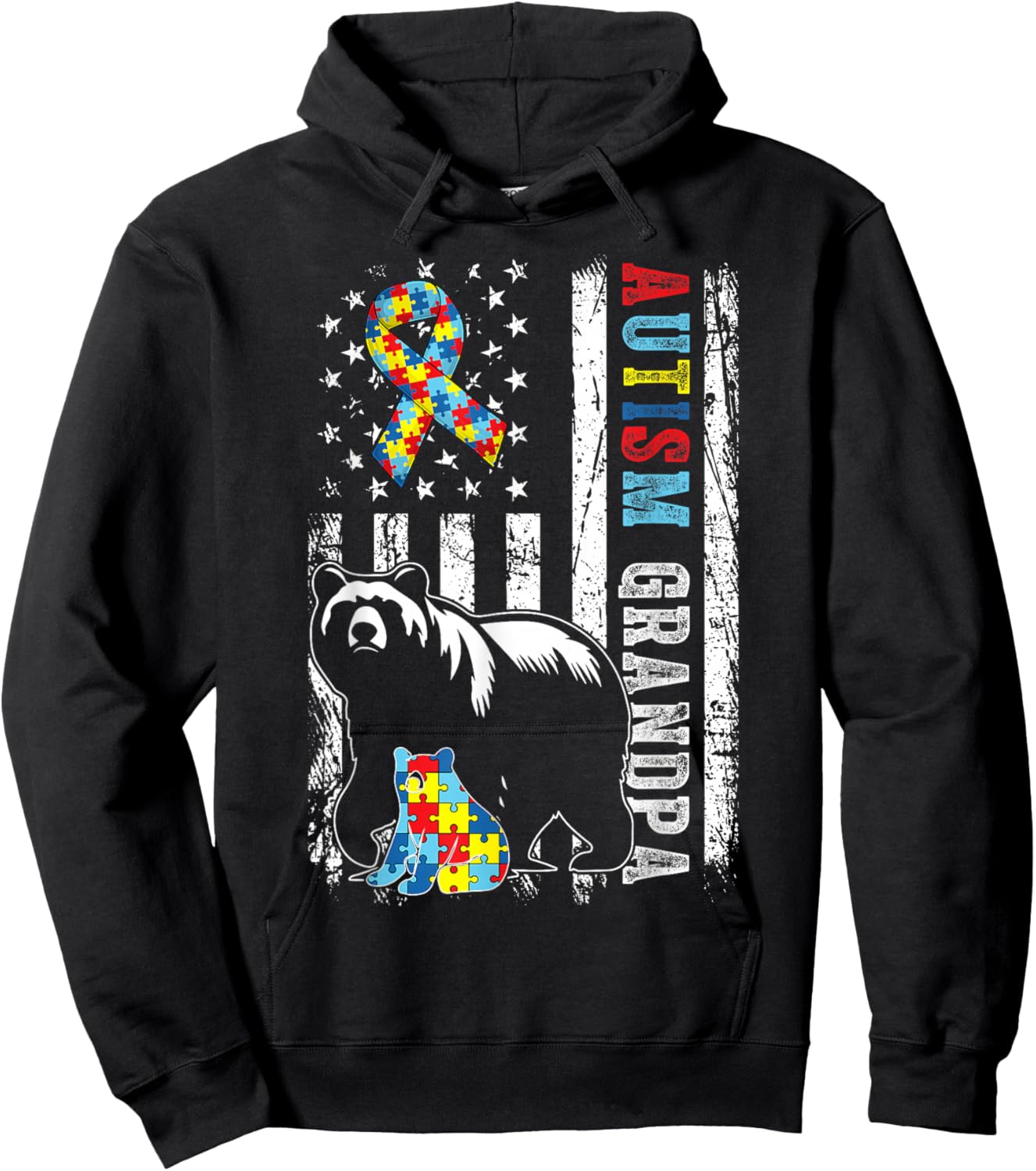 Autism Grandpa Bear With Puzzles & USA Flag Distressed Hoodie - Hoodie | Black