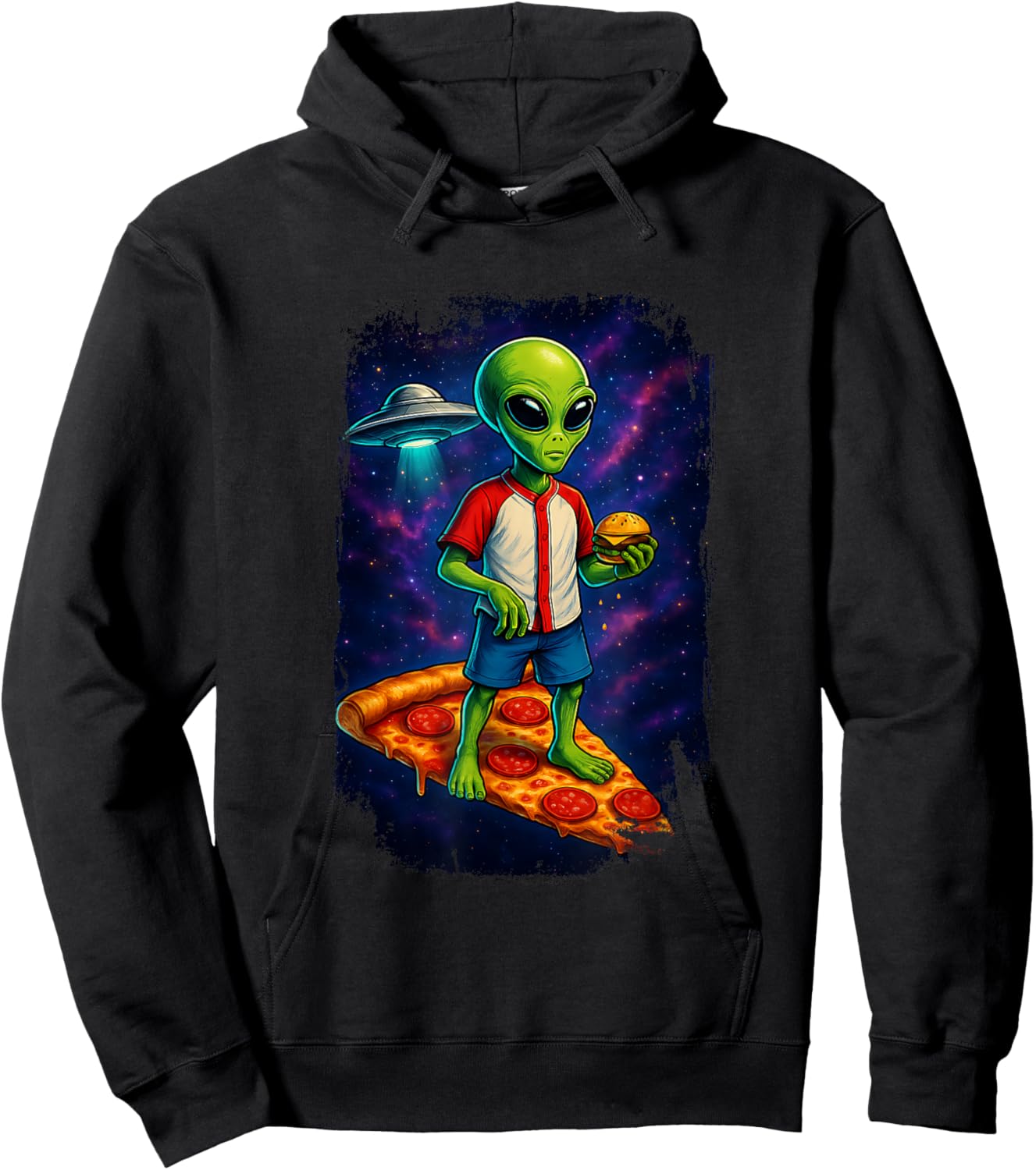 Alien UFO Pizza Galaxy Funny Hamburger Hoodie - Hoodie | Black