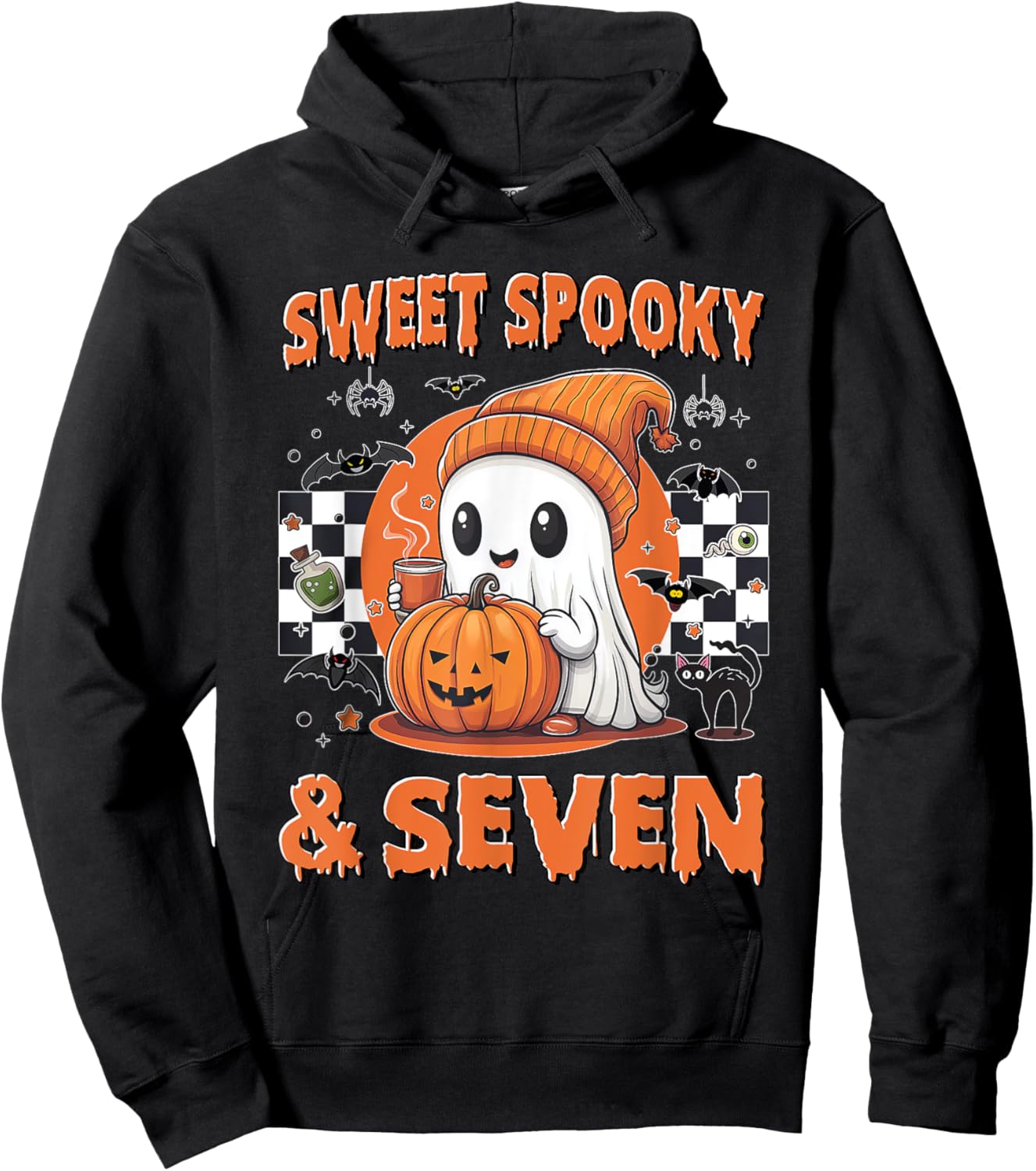 7th Birthday Sweet Spooky & Seven Cute Ghost 7 Years Old Hoodie - Hoodie | Black