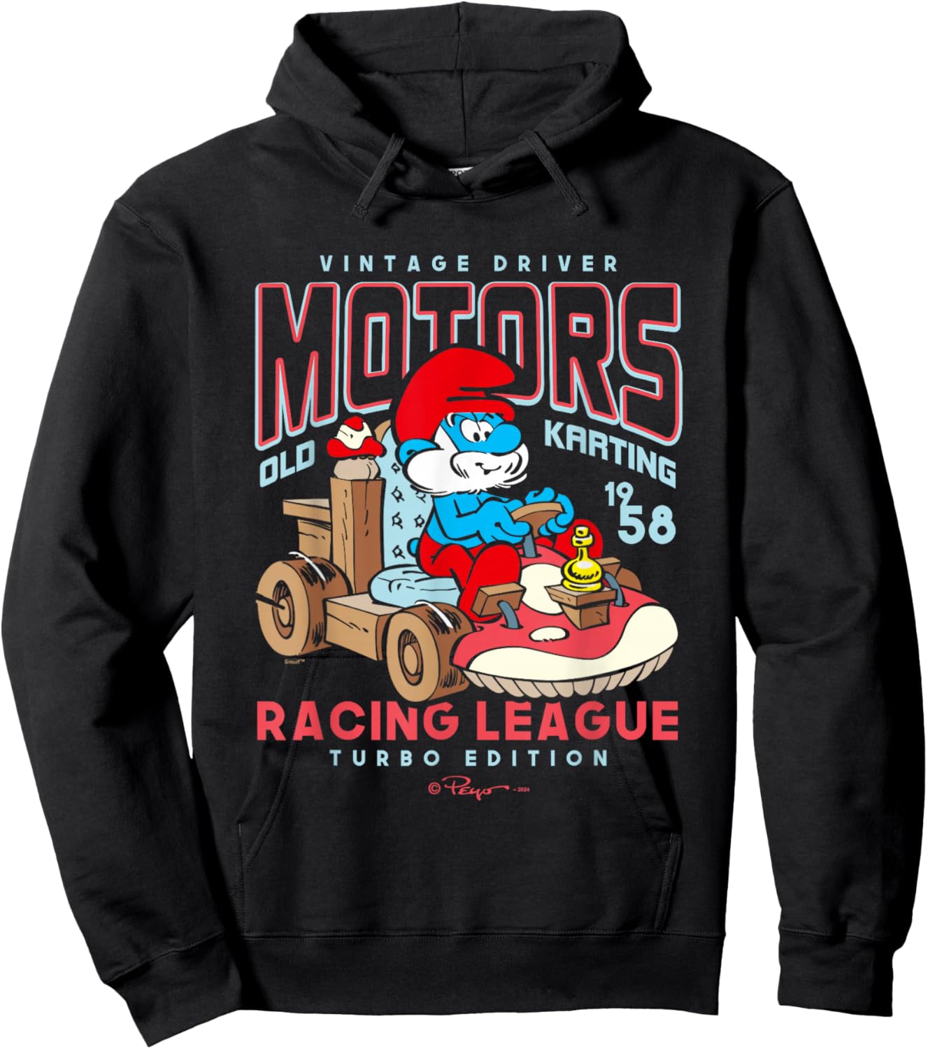 The Smurfs Vintage Driver Motors Old Karting Papa Smurf Logo Hoodie - Hoodie | Black