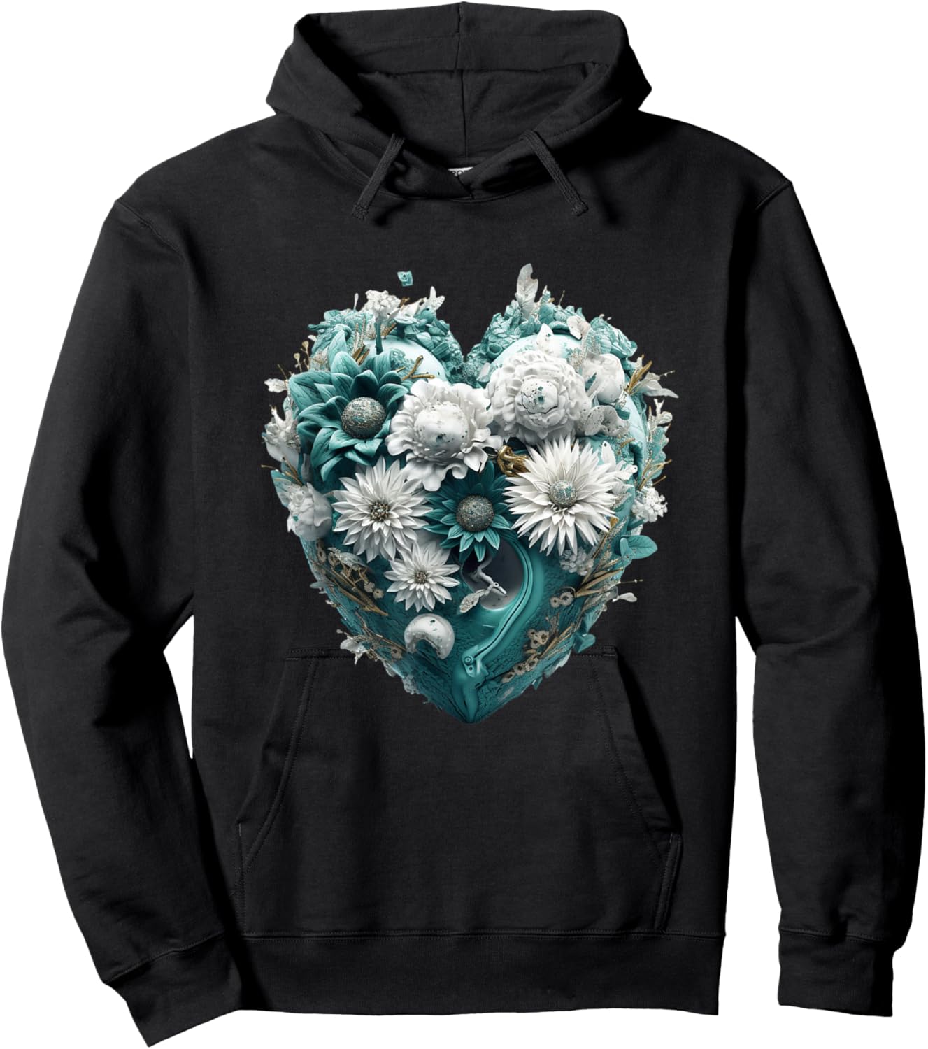 Cute Teal Heart Graphic Made of Flowers Girls Hoodie - Hoodie | Black