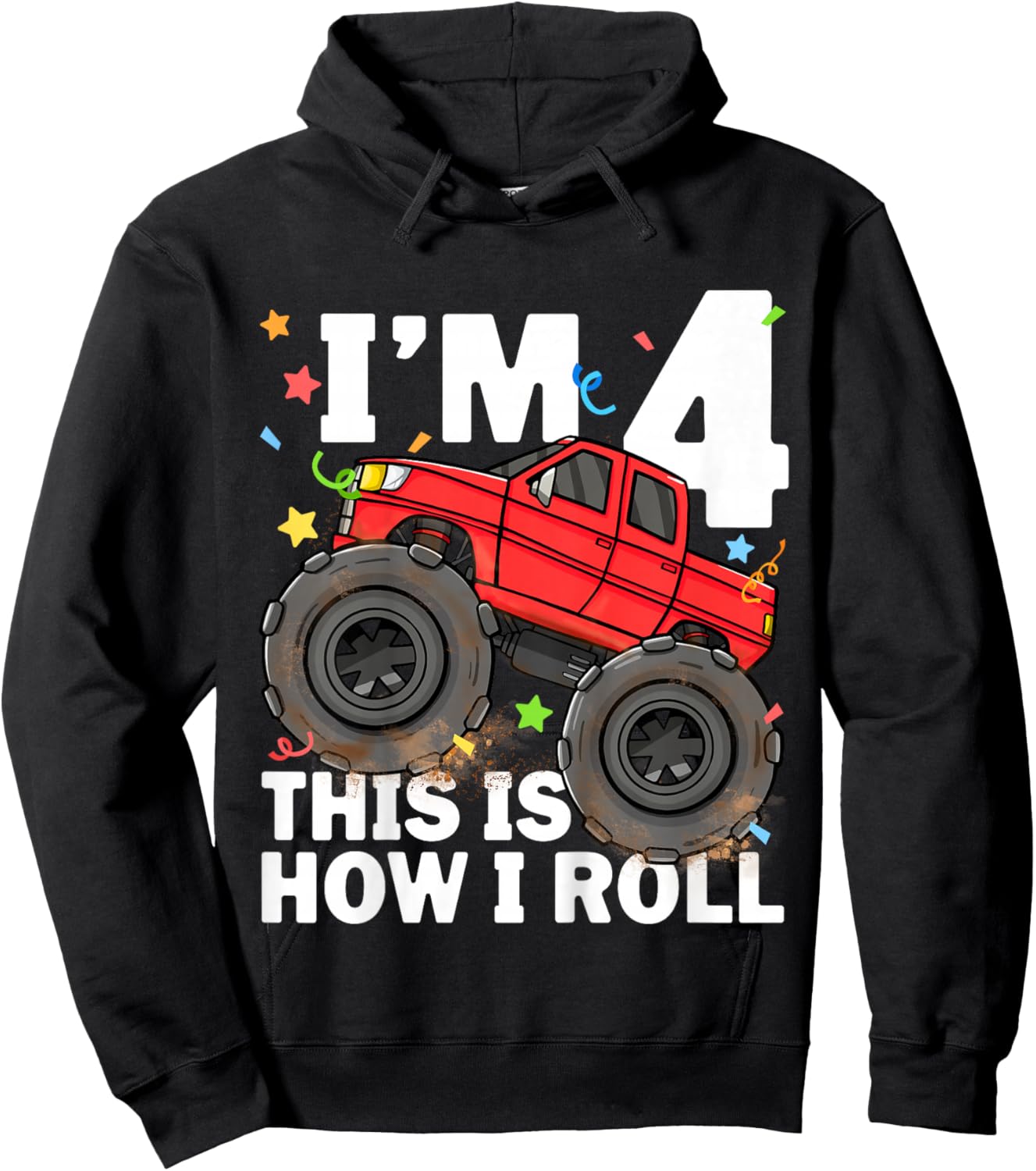 Kids Monster Truck 4th Birthday Boy Toddler 4 Four Year Old Hoodie - Hoodie | Black