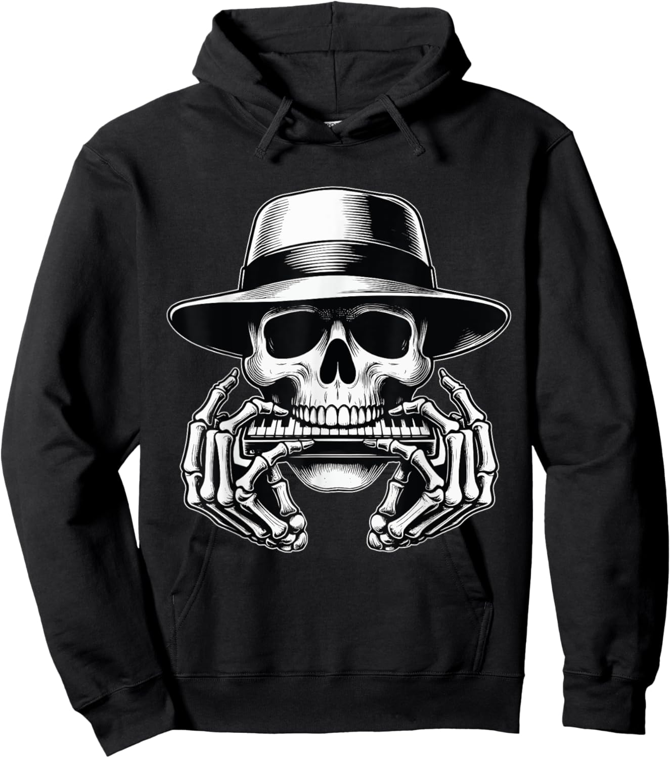 Skeleton Playing Harmonica Blues Musician Mouth Organ Player Hoodie - Hoodie | Black