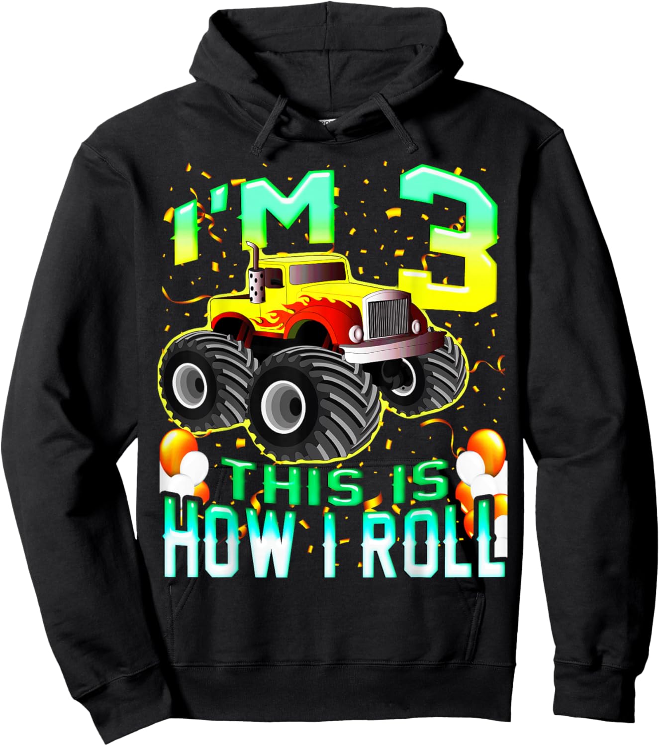 Kids 3 Year Old Shirt 3rd Birthday Boy Monster Truck Car Hoodie - Hoodie | Black