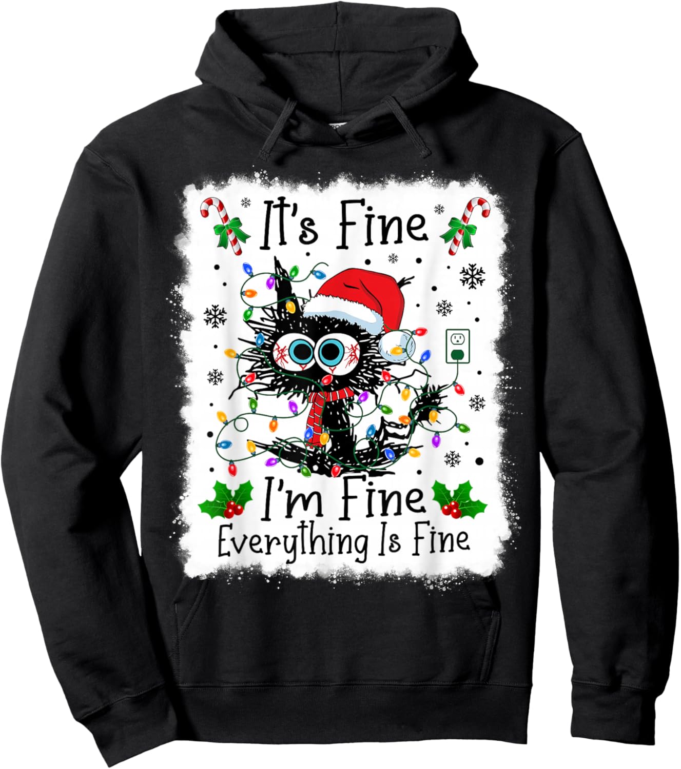It's Fine I'm Fine Everything is Fine Cat Christmas Lights Hoodie - Hoodie | Black