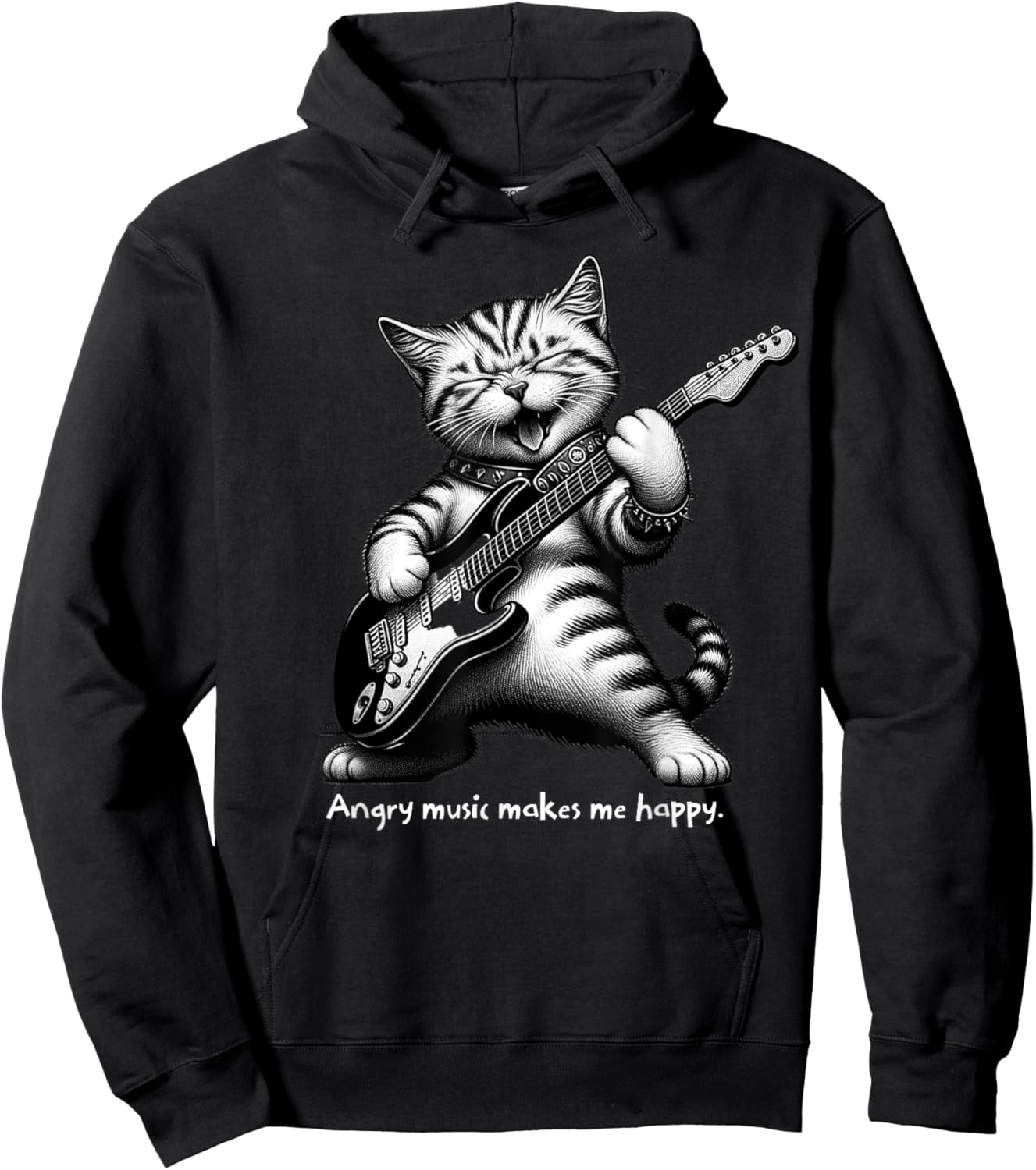 Cat Playing Electric Guitar Angry Music Makes Me Happy Women Girls Kids Hoodie - Hoodie | Black