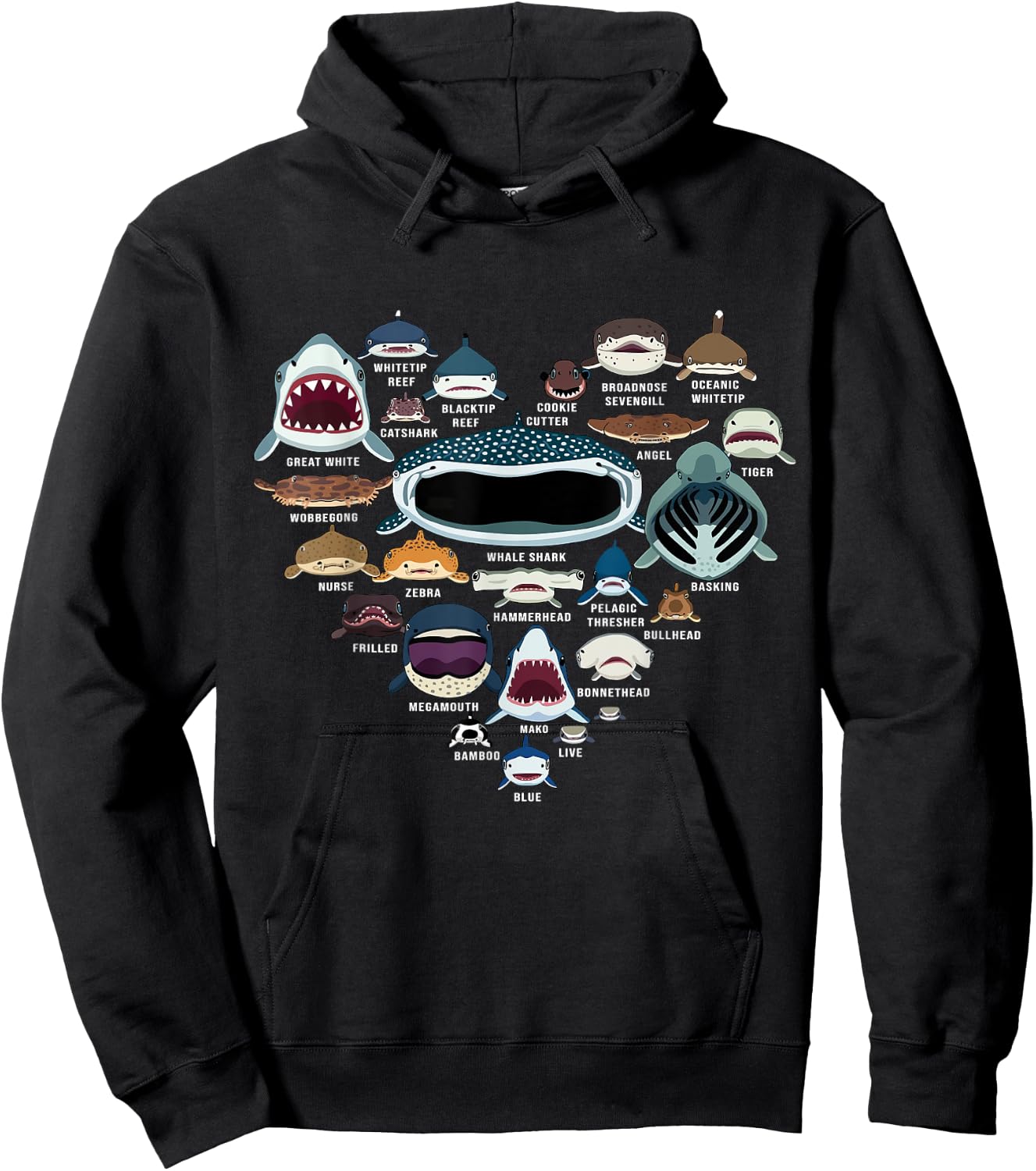 Types Of Sharks Marine Biology - All Shark Faces Heart Hoodie - Hoodie | Black