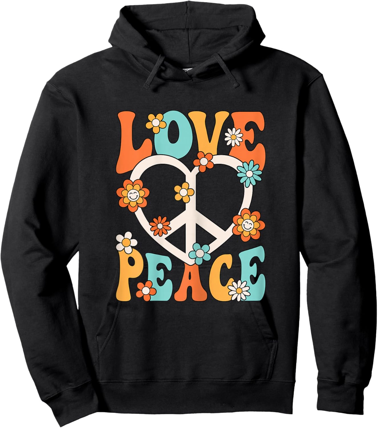 Love Peace Sign 60s 70s Outfit Hippie Groovy Women Girls Hoodie - Hoodie | Black