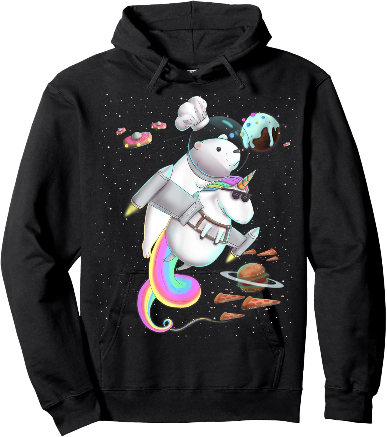 Polar Bear Riding Unicorn Food Pizza Space Party Planet Hoodie - Hoodie | Black