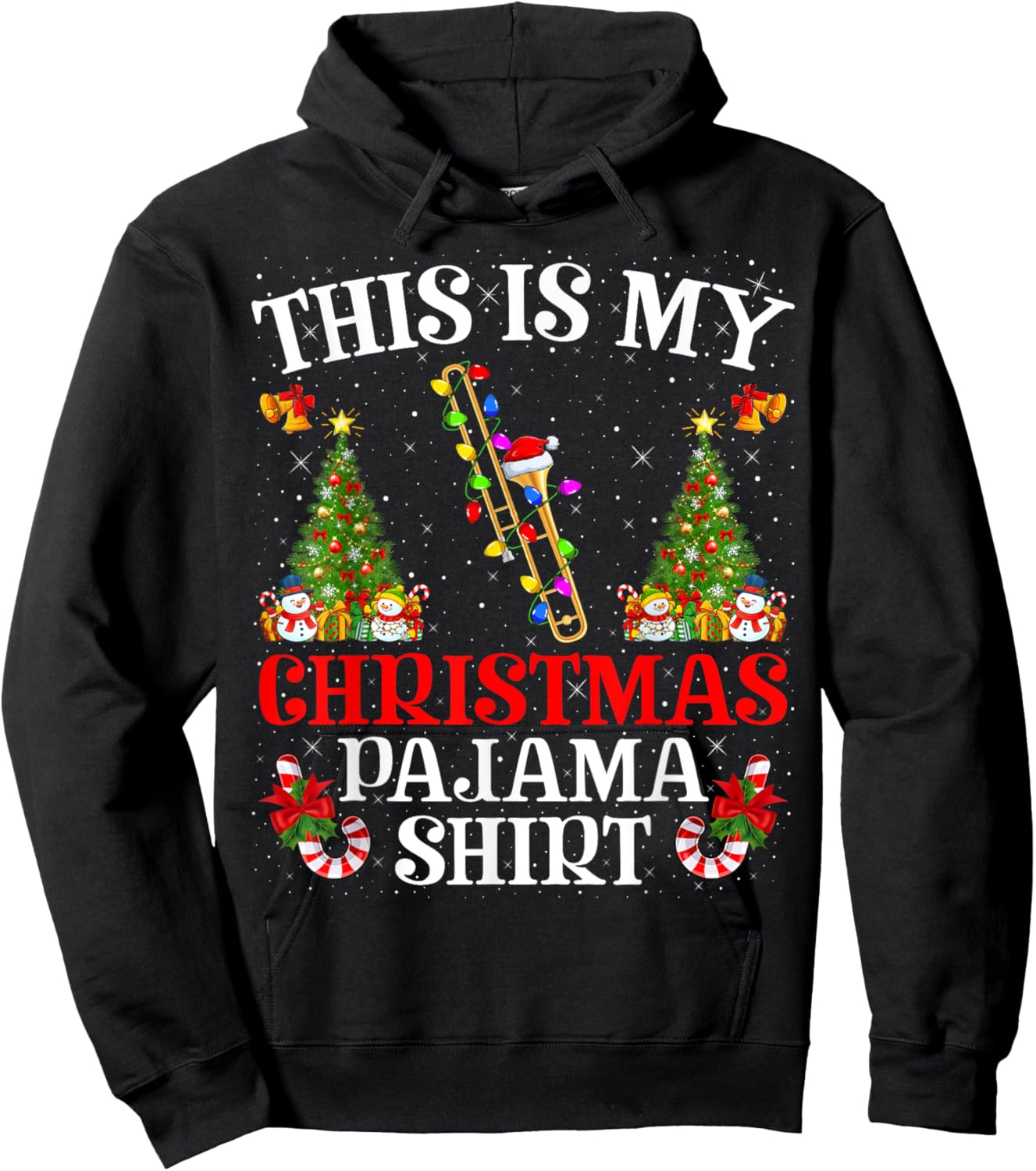 This Is My Christmas Pajama Shirt Lighting Trombone Xmas Hoodie - Hoodie | Black