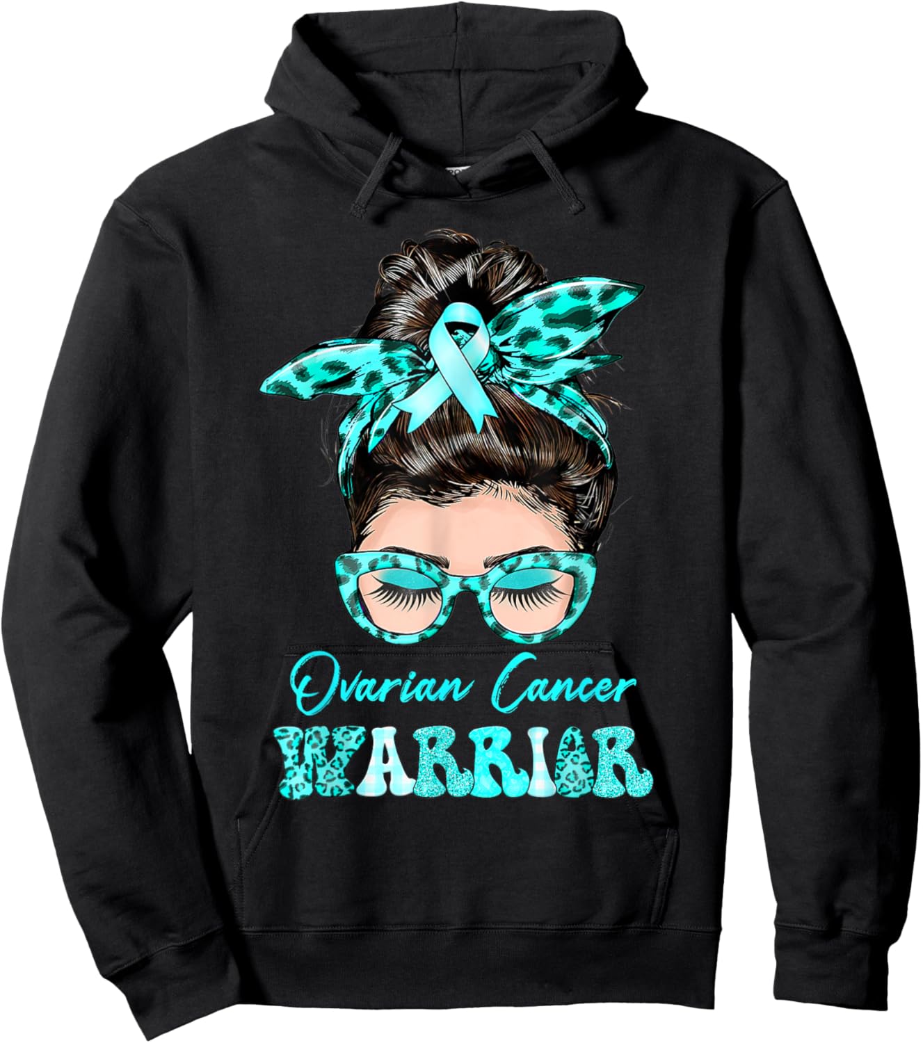 Ovarian Cancer Warrior Messy Bun Teal ribbon Hoodie - Hoodie | Black